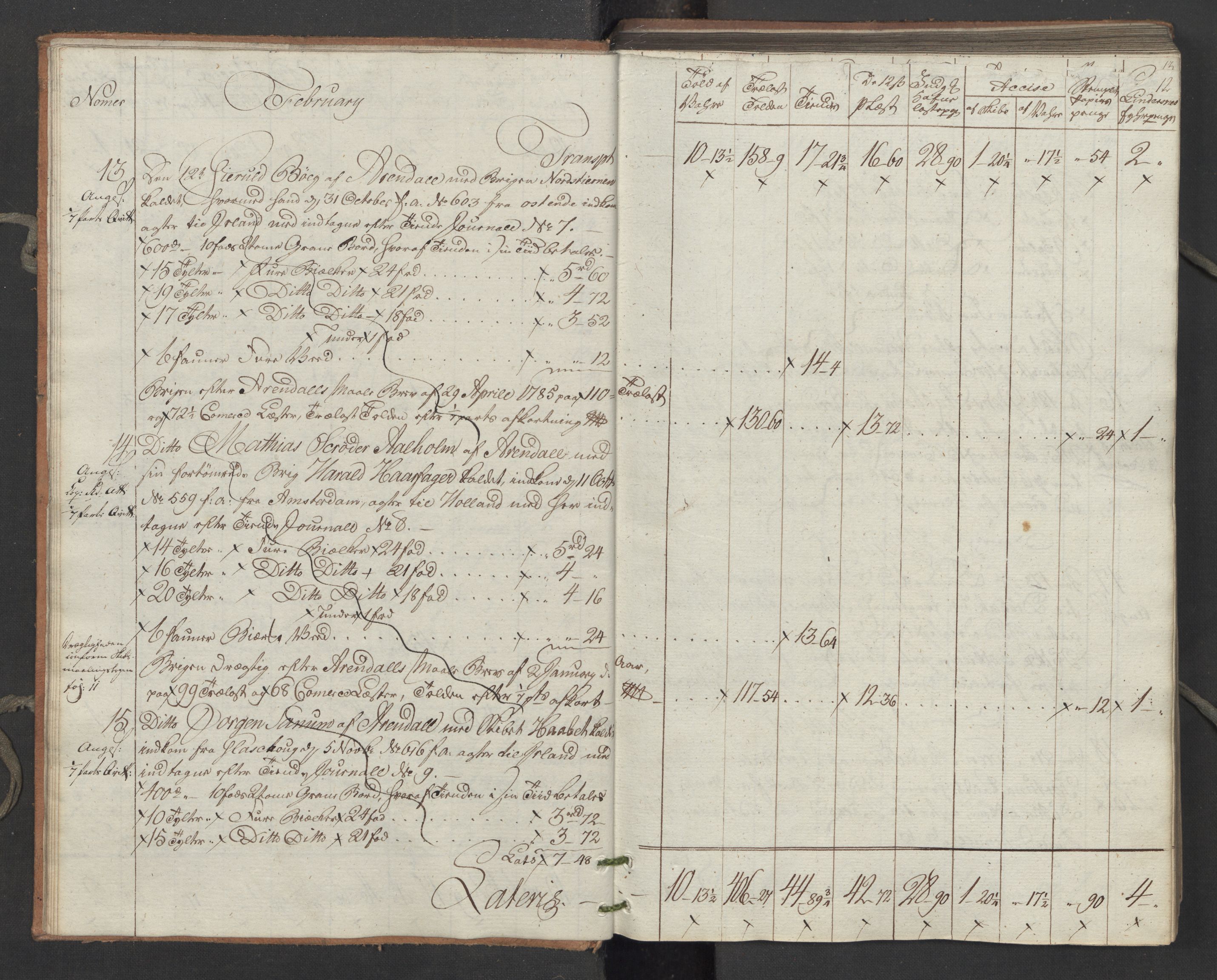 Generaltollkammeret, tollregnskaper, AV/RA-EA-5490/R15/L0122/0001: Tollregnskaper Arendal / Utgående tollbok, 1794, p. 11b-12a