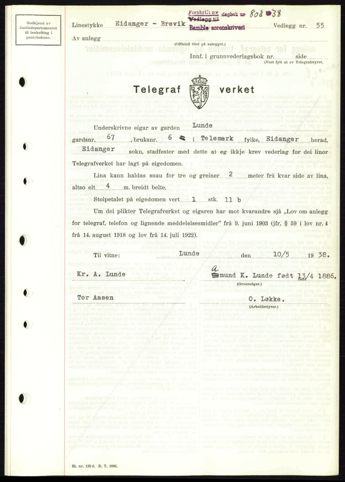 Bamble sorenskriveri, AV/SAKO-A-214/G/Ga/Gag/L0002: Mortgage book no. A-2, 1937-1938, Diary no: : 803/1938