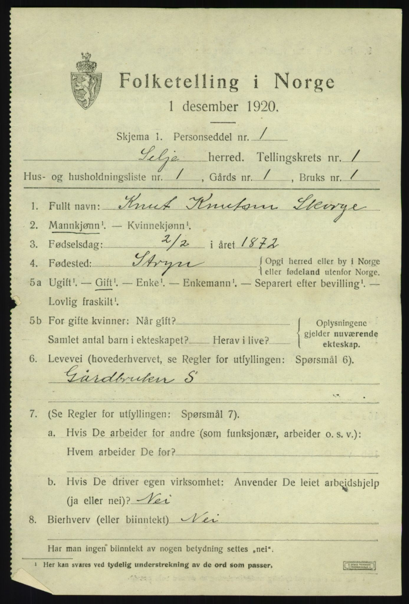 SAB, 1920 census for Selje, 1920, p. 1195