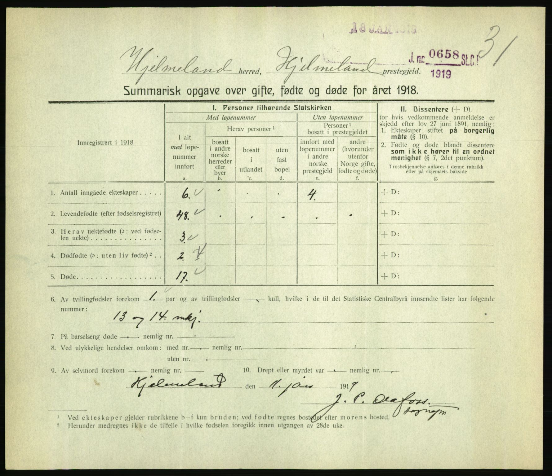 Statistisk sentralbyrå, Sosiodemografiske emner, Befolkning, RA/S-2228/D/Df/Dfb/Dfbh/L0059: Summariske oppgaver over gifte, fødte og døde for hele landet., 1918, p. 845