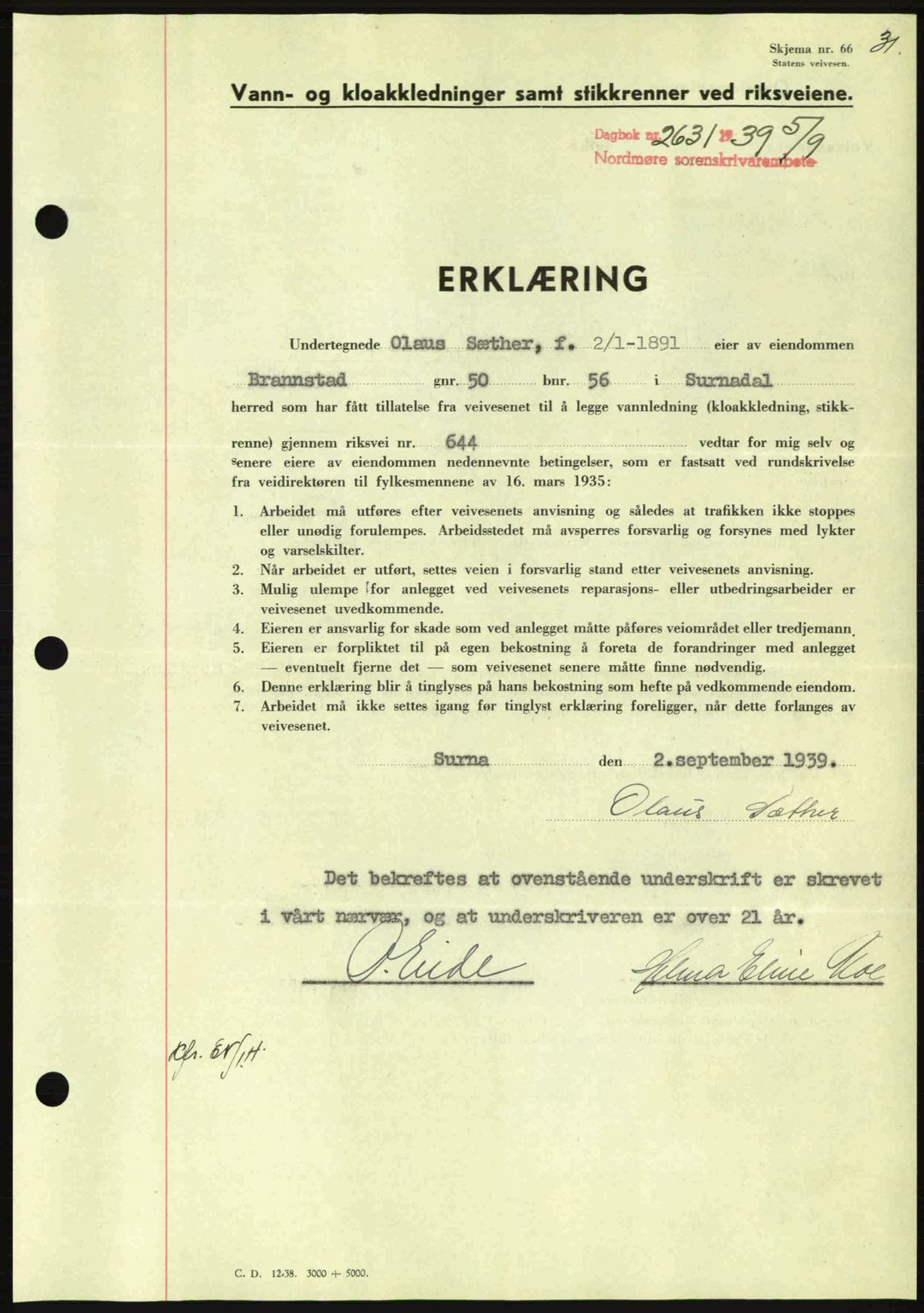 Nordmøre sorenskriveri, AV/SAT-A-4132/1/2/2Ca: Mortgage book no. B86, 1939-1940, Diary no: : 2631/1939