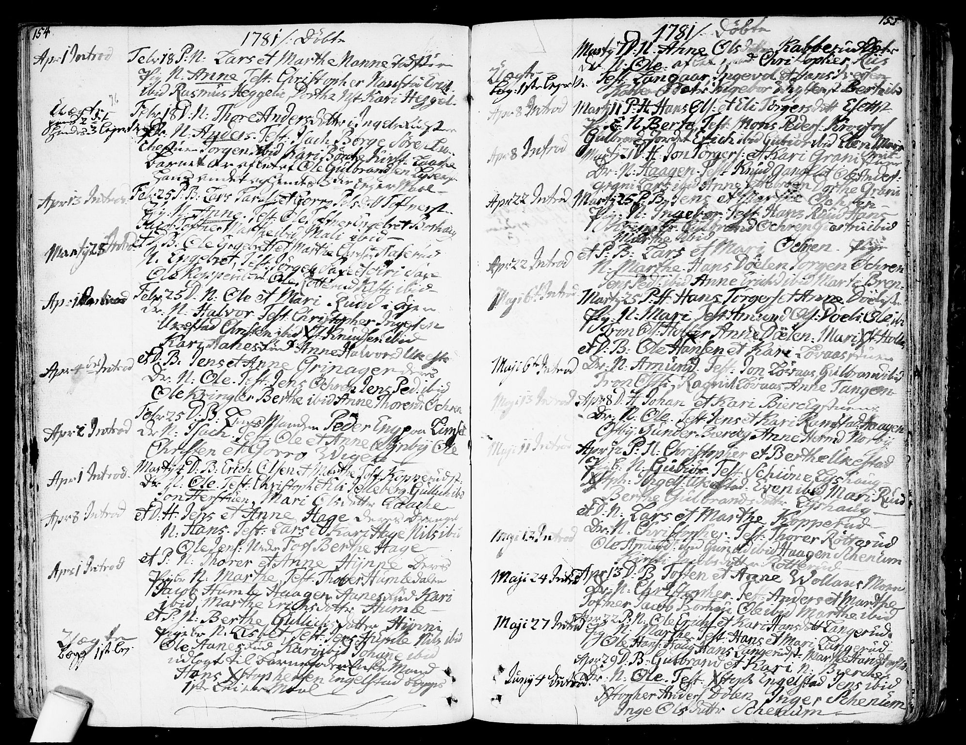 Nannestad prestekontor Kirkebøker, AV/SAO-A-10414a/F/Fa/L0007: Parish register (official) no. I 7, 1754-1791, p. 154-155