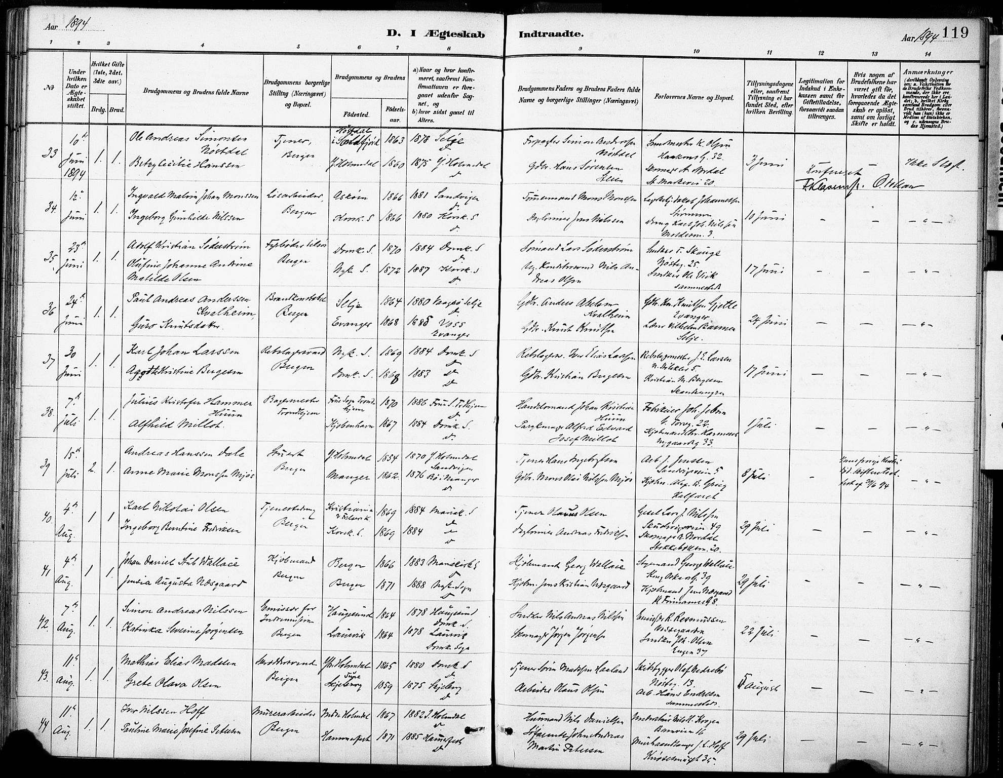 Domkirken sokneprestembete, AV/SAB-A-74801/H/Haa/L0037: Parish register (official) no. D 4, 1880-1907, p. 119