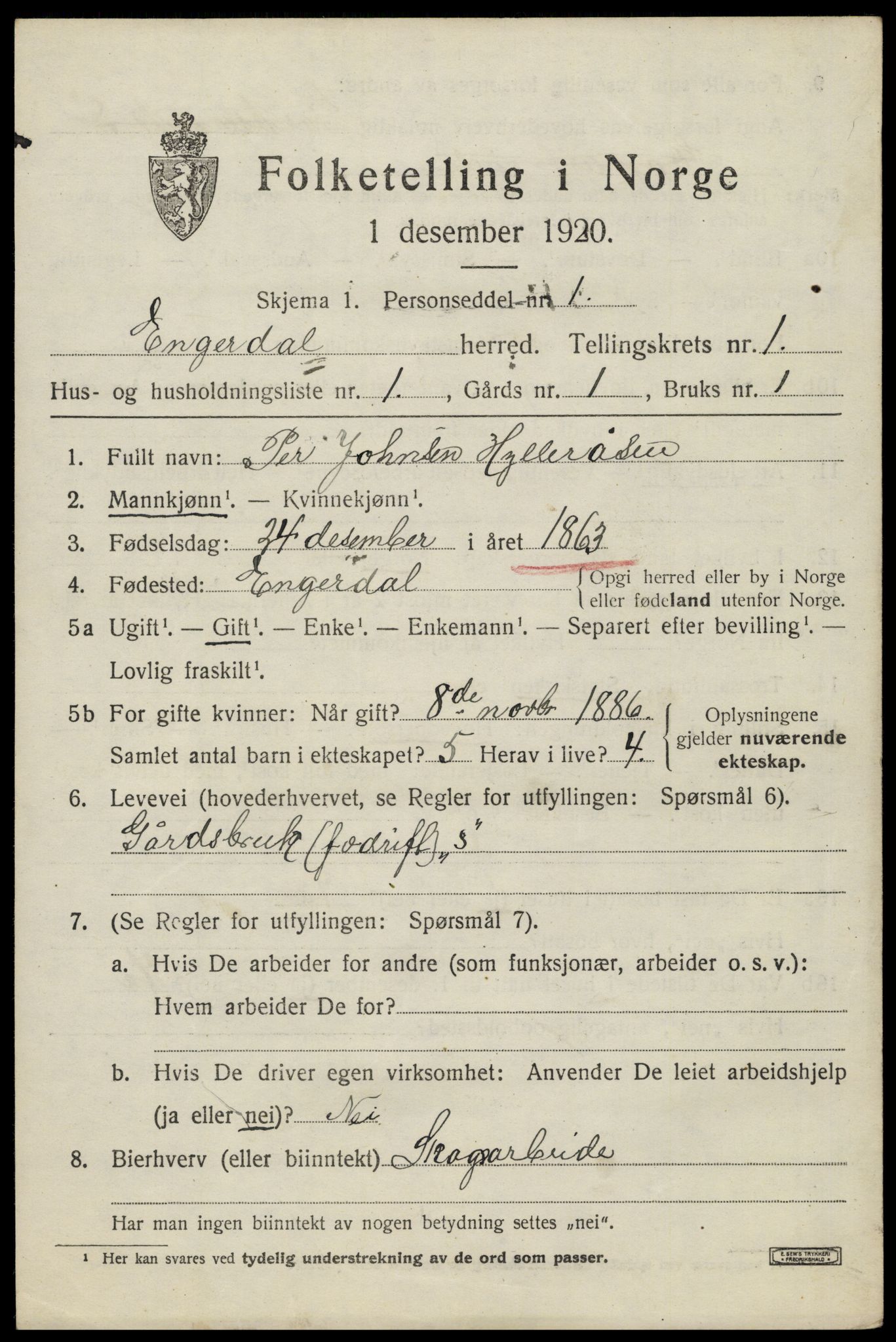 SAH, 1920 census for Engerdal, 1920, p. 481