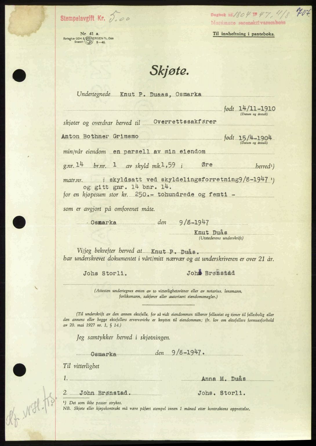 Nordmøre sorenskriveri, AV/SAT-A-4132/1/2/2Ca: Mortgage book no. A105, 1947-1947, Diary no: : 1804/1947