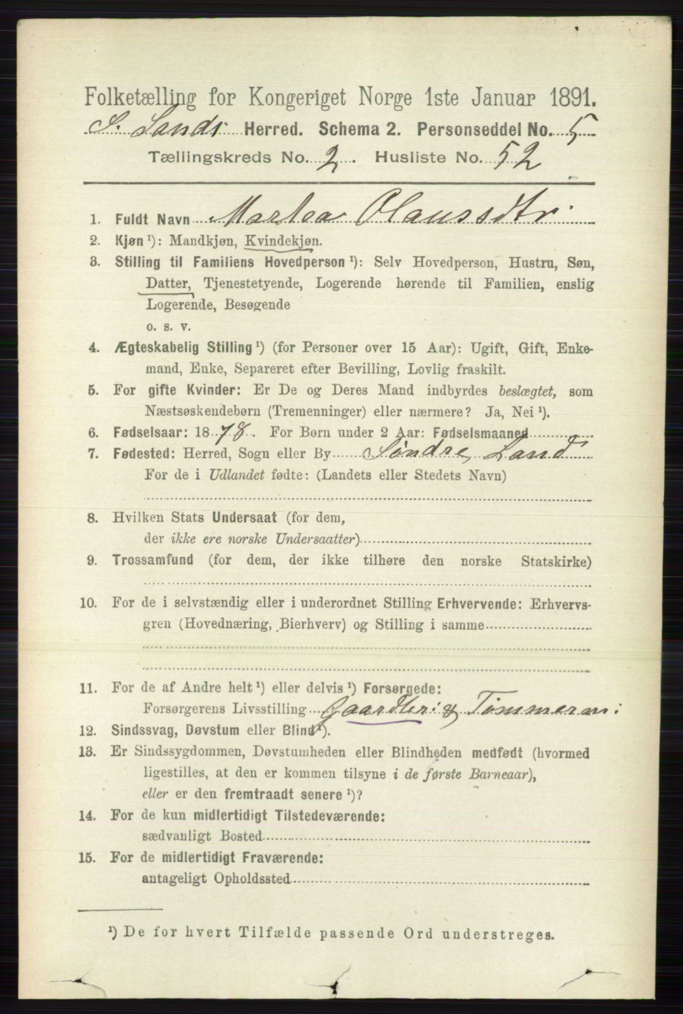 RA, 1891 census for 0536 Søndre Land, 1891, p. 1358