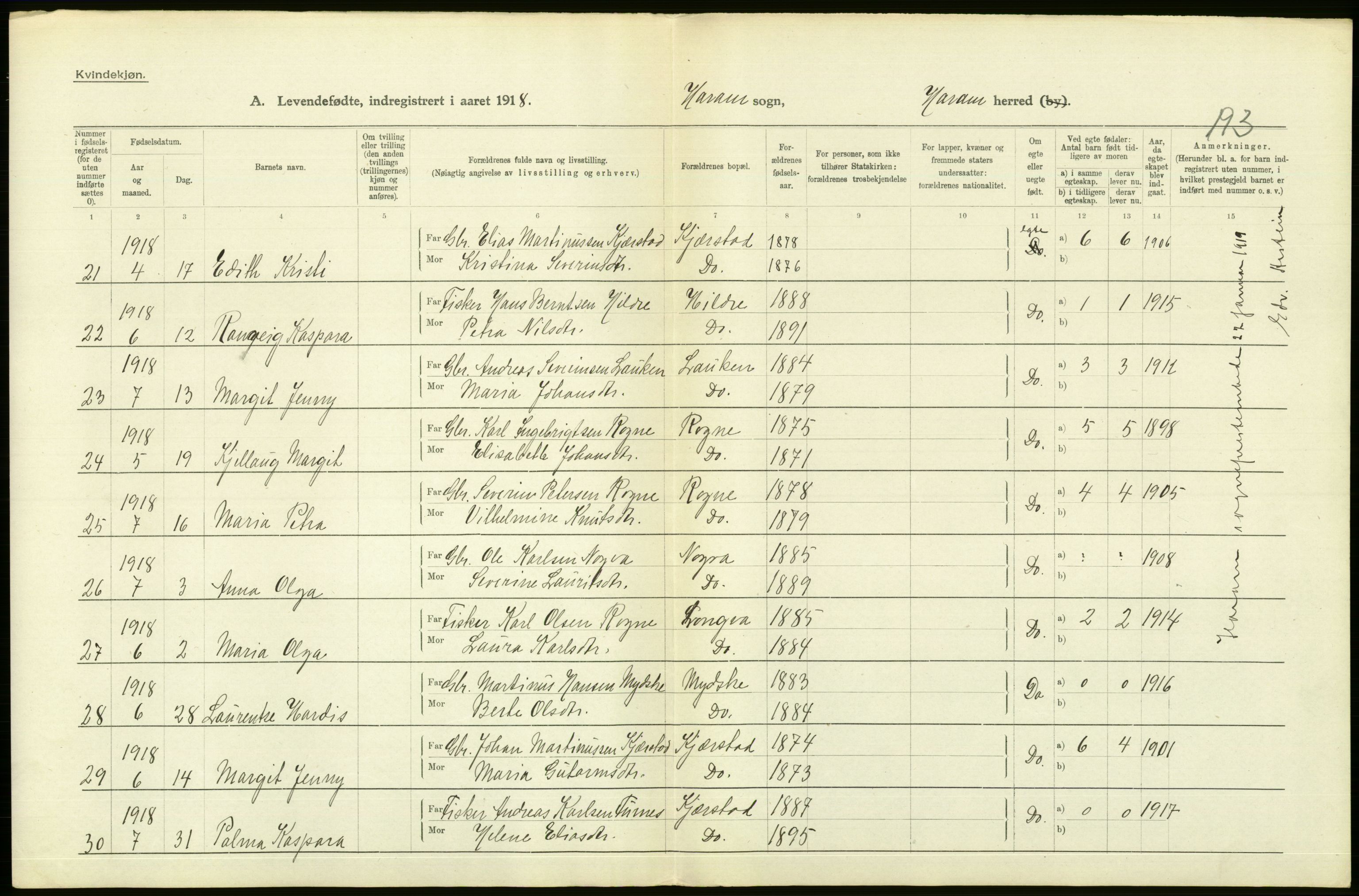 Statistisk sentralbyrå, Sosiodemografiske emner, Befolkning, RA/S-2228/D/Df/Dfb/Dfbh/L0043: Møre fylke: Levendefødte menn og kvinner. Bygder., 1918, p. 70