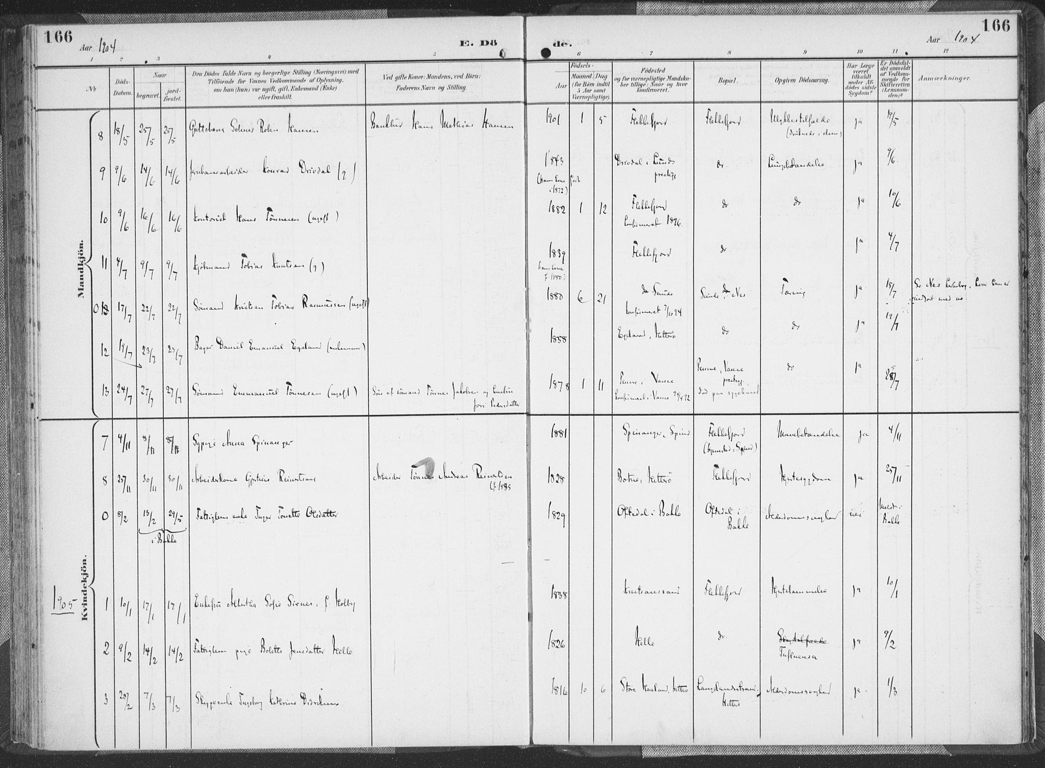 Flekkefjord sokneprestkontor, SAK/1111-0012/F/Fa/Faa/L0002: Parish register (official) no. A 2, 1900-1912, p. 166