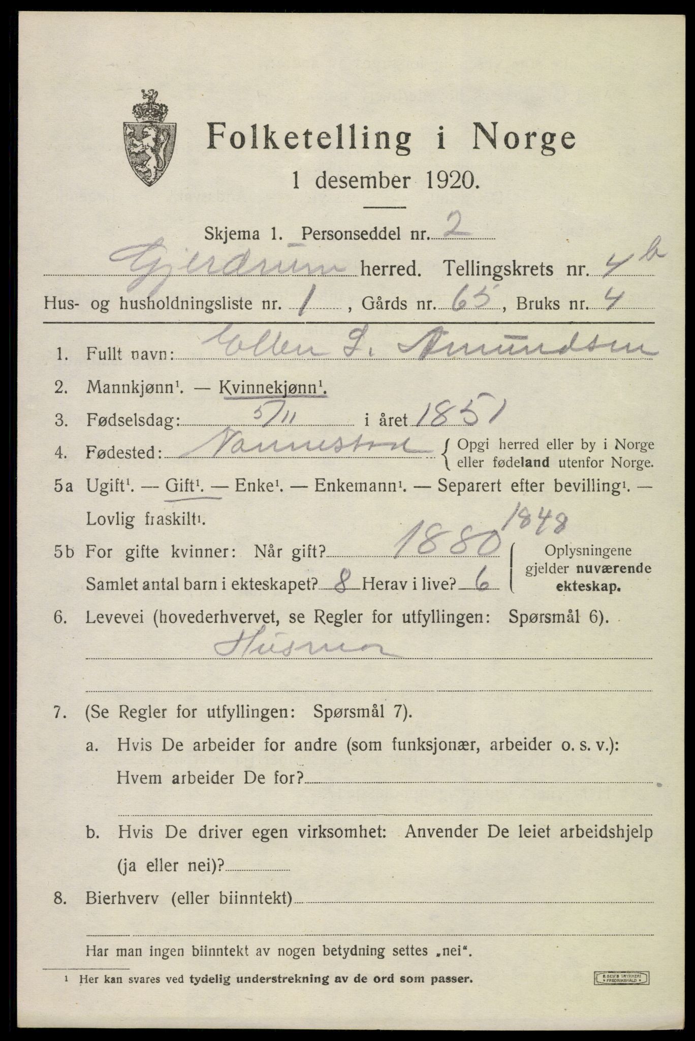 SAO, 1920 census for Gjerdrum, 1920, p. 3640