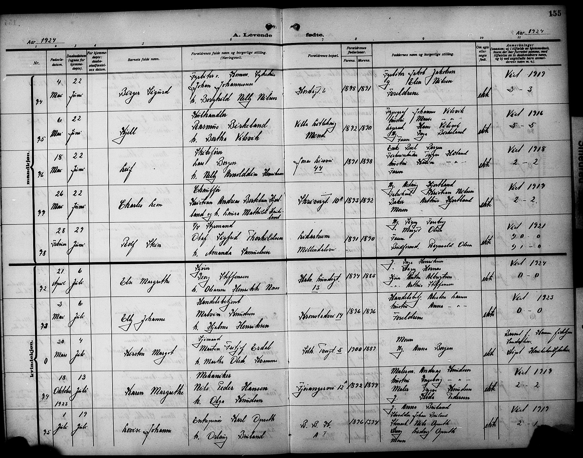 Årstad Sokneprestembete, AV/SAB-A-79301/H/Hab/L0004: Parish register (copy) no. A 4, 1921-1924, p. 155