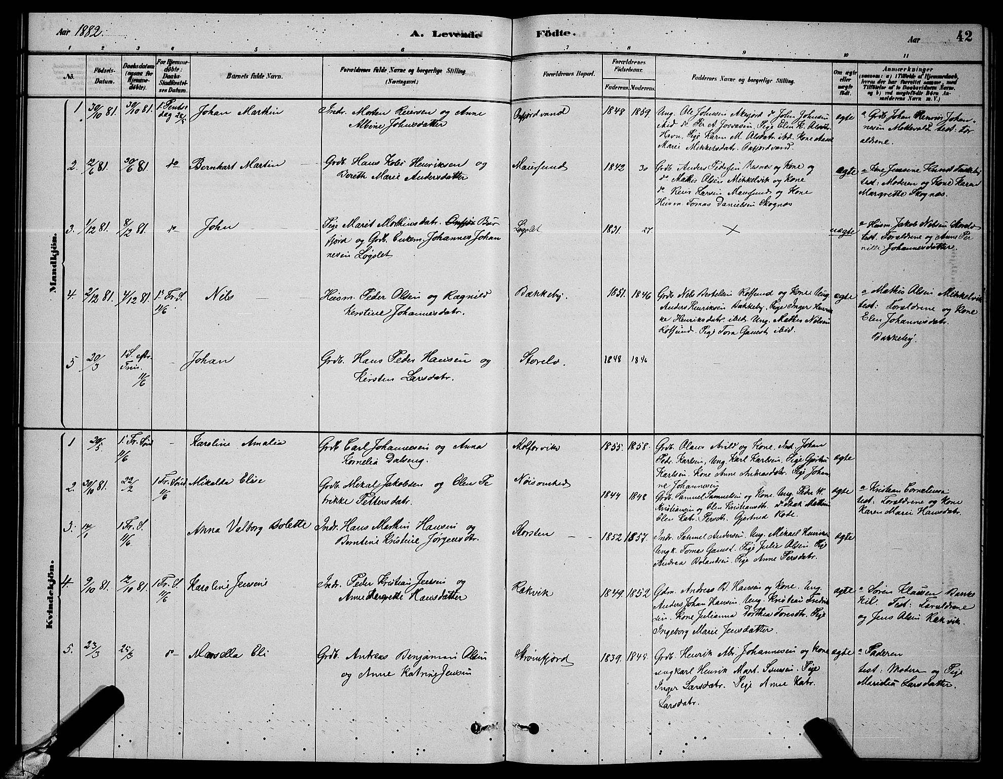 Skjervøy sokneprestkontor, AV/SATØ-S-1300/H/Ha/Hab/L0006klokker: Parish register (copy) no. 6, 1878-1888, p. 42