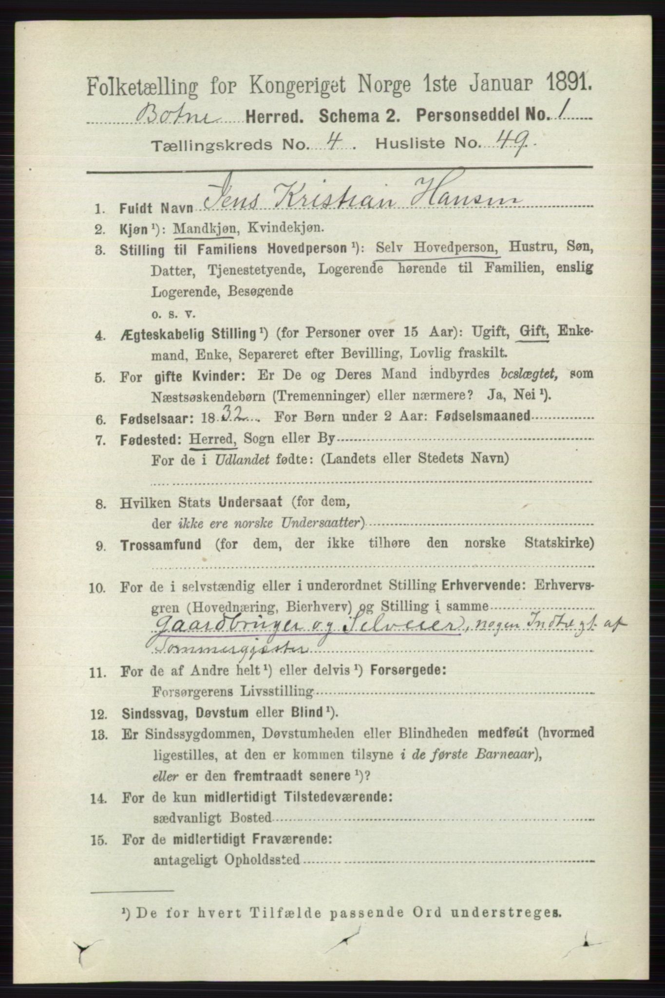 RA, 1891 census for 0715 Botne, 1891, p. 1880