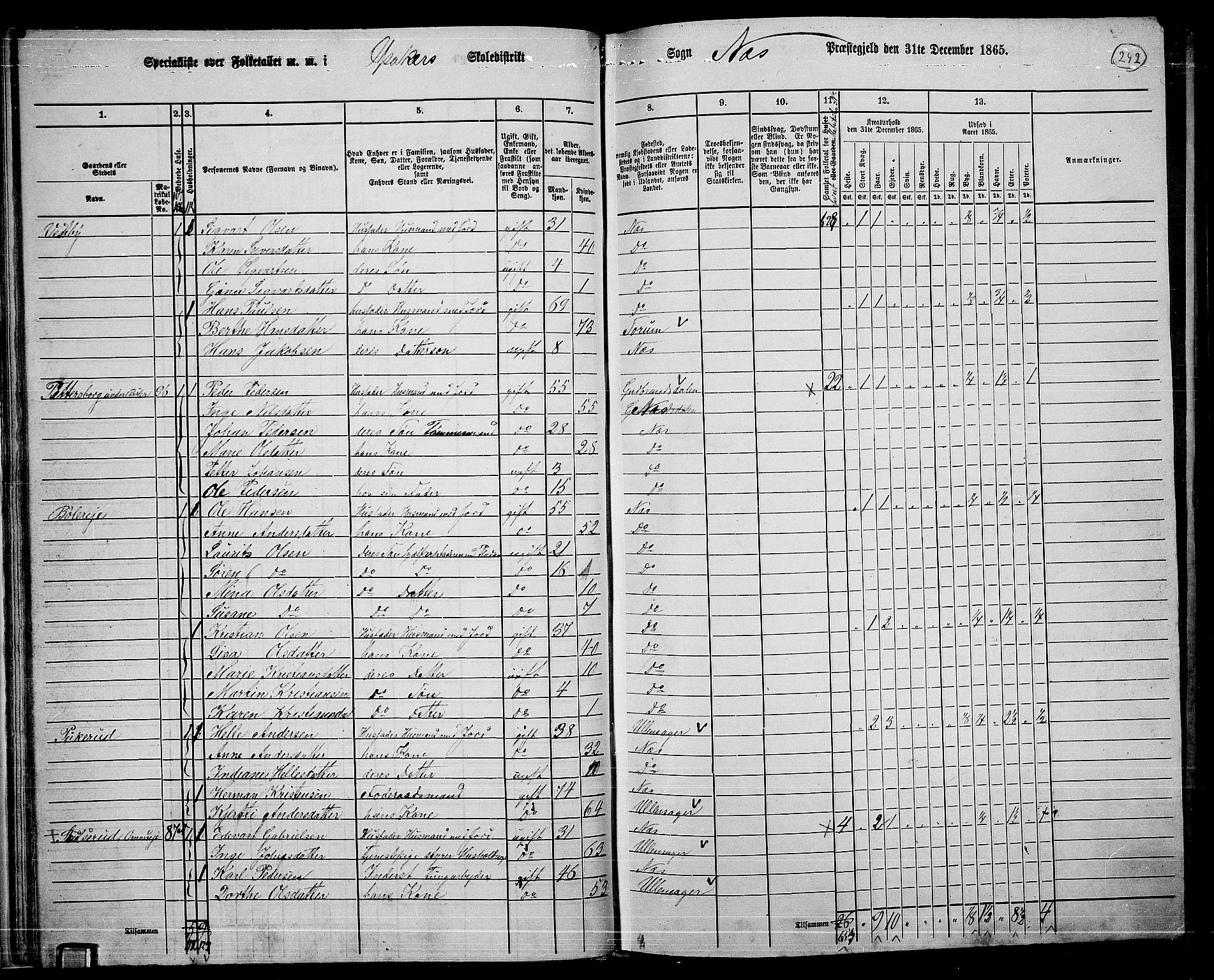 RA, 1865 census for Nes, 1865, p. 225