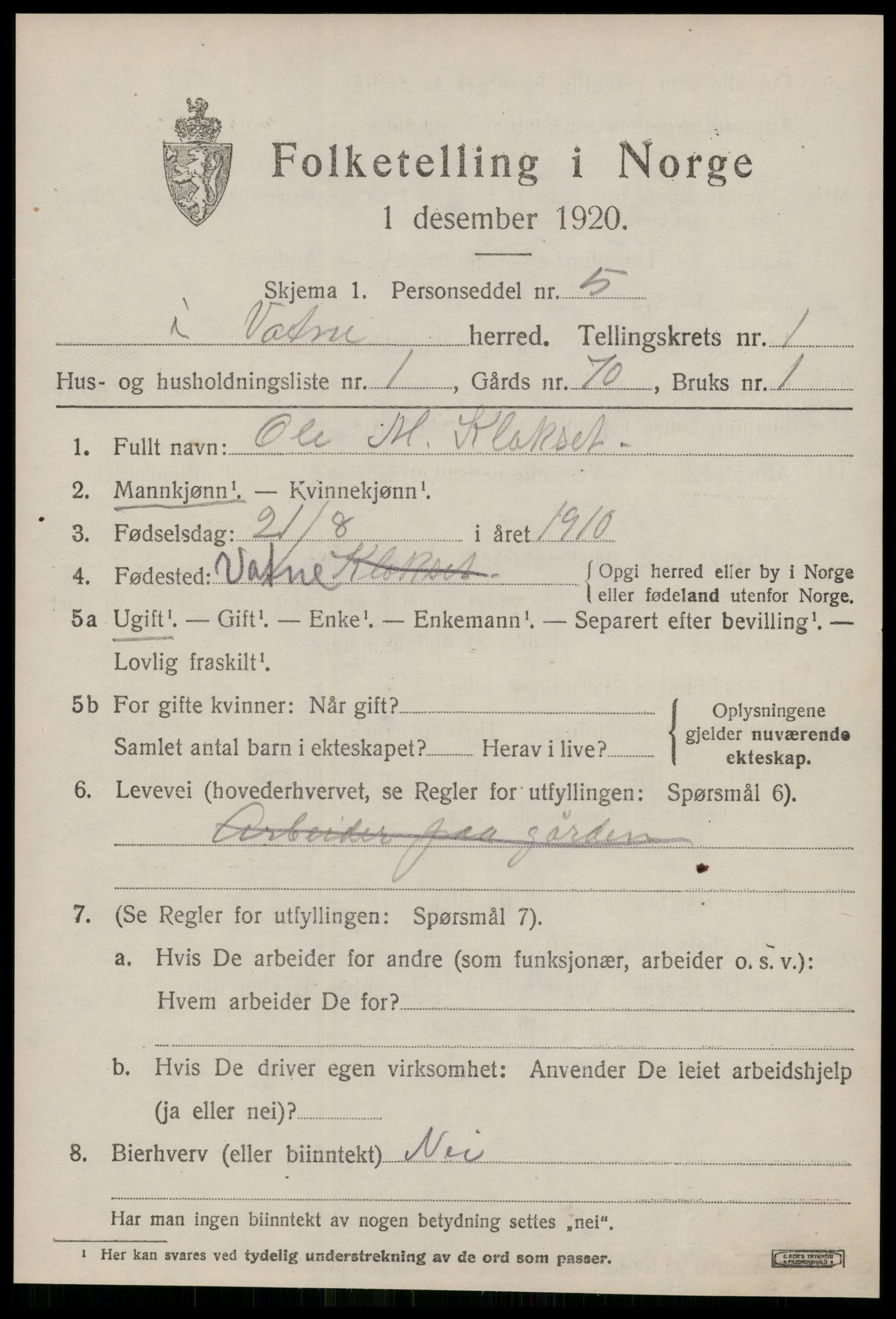 SAT, 1920 census for Vatne, 1920, p. 584