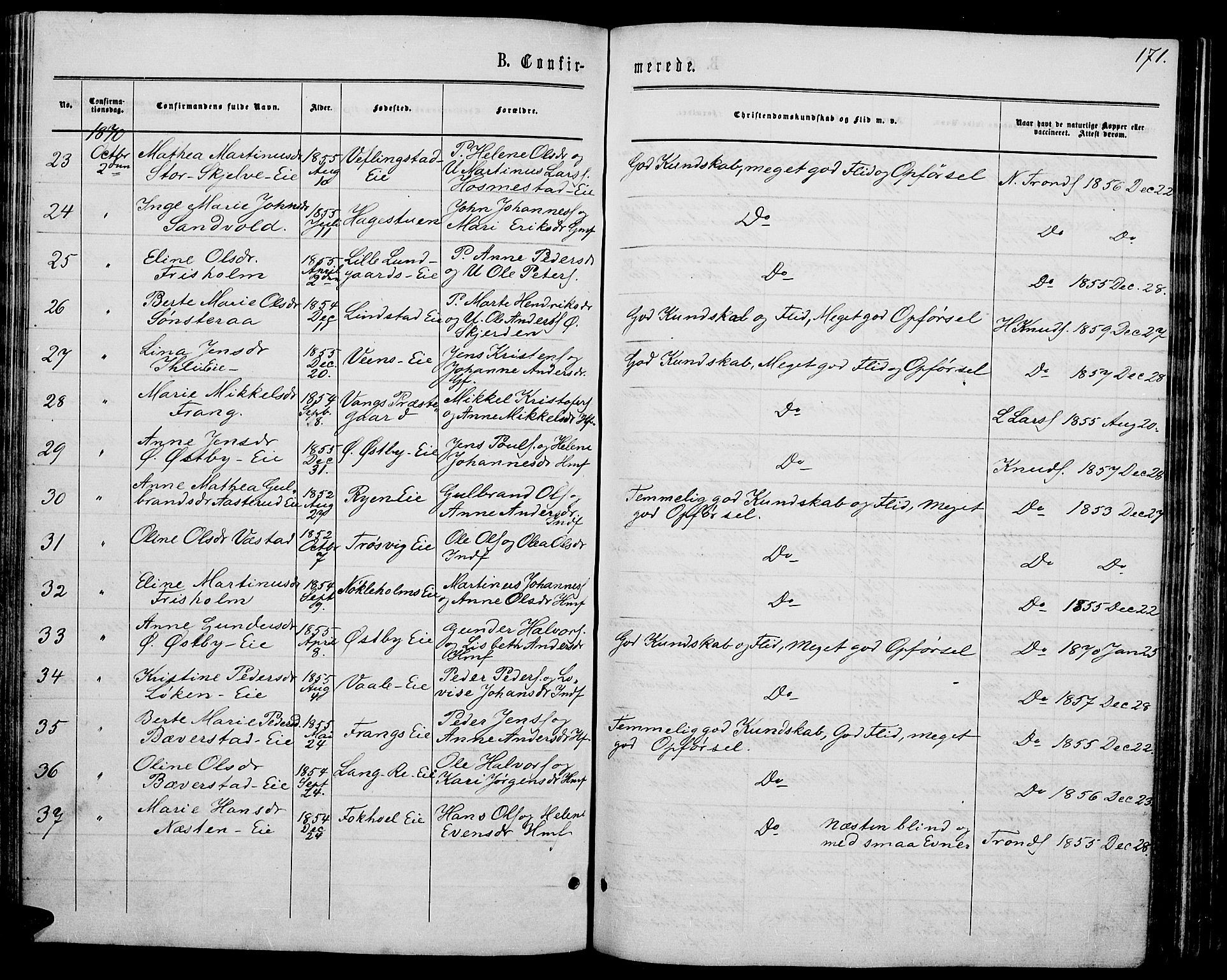 Stange prestekontor, AV/SAH-PREST-002/L/L0006: Parish register (copy) no. 6, 1864-1882, p. 171