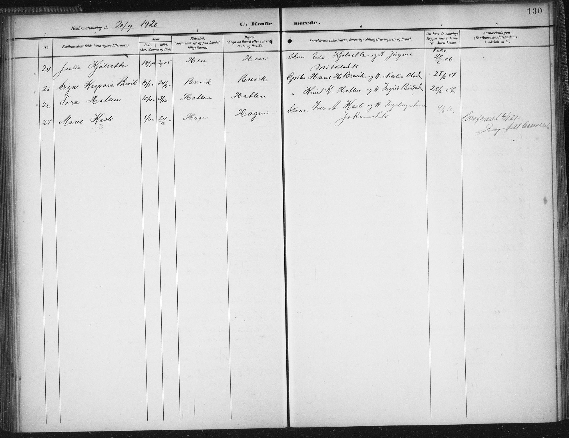 Ministerialprotokoller, klokkerbøker og fødselsregistre - Møre og Romsdal, AV/SAT-A-1454/545/L0589: Parish register (copy) no. 545C03, 1902-1937, p. 130