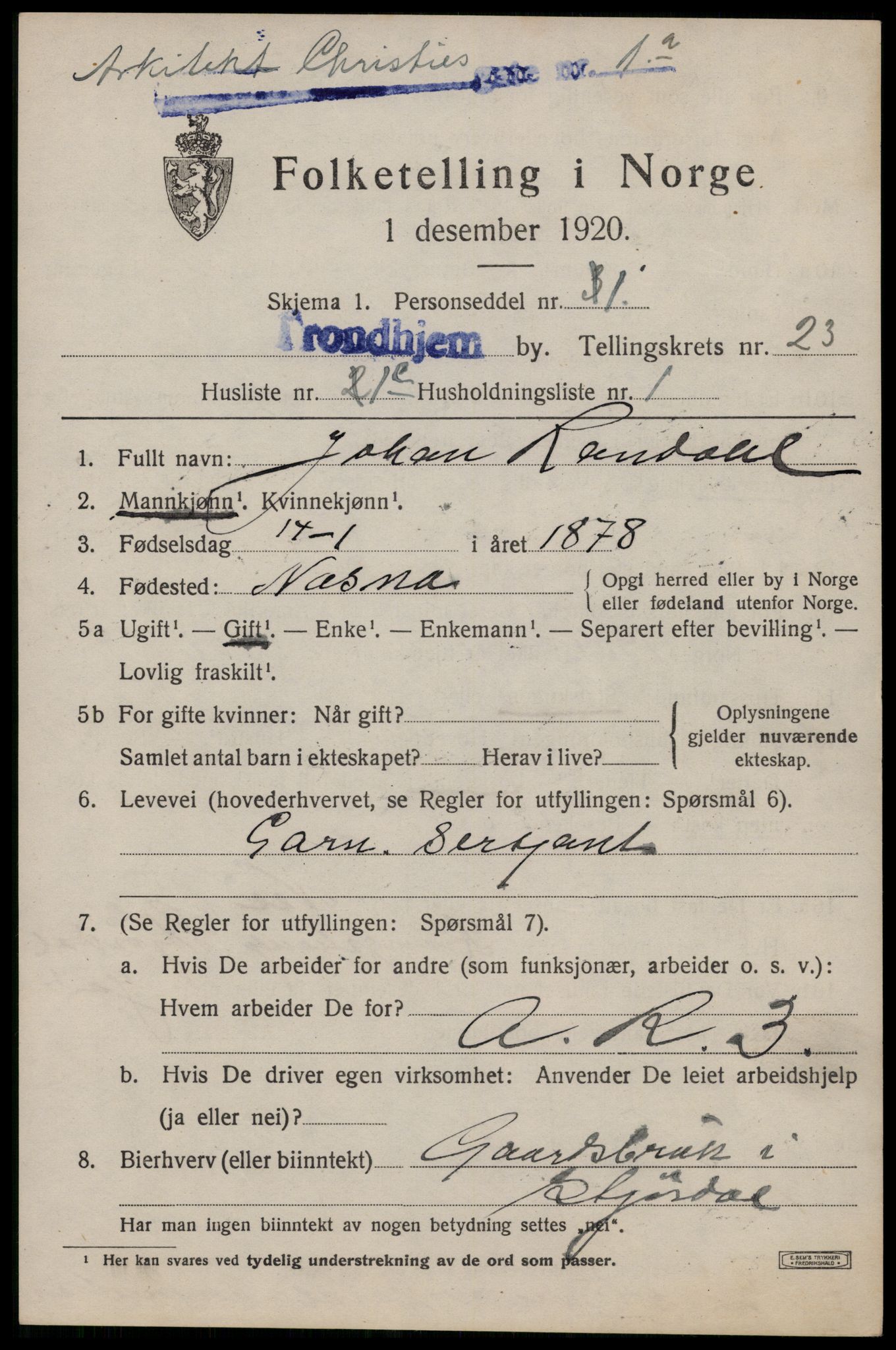 SAT, 1920 census for Trondheim, 1920, p. 63938