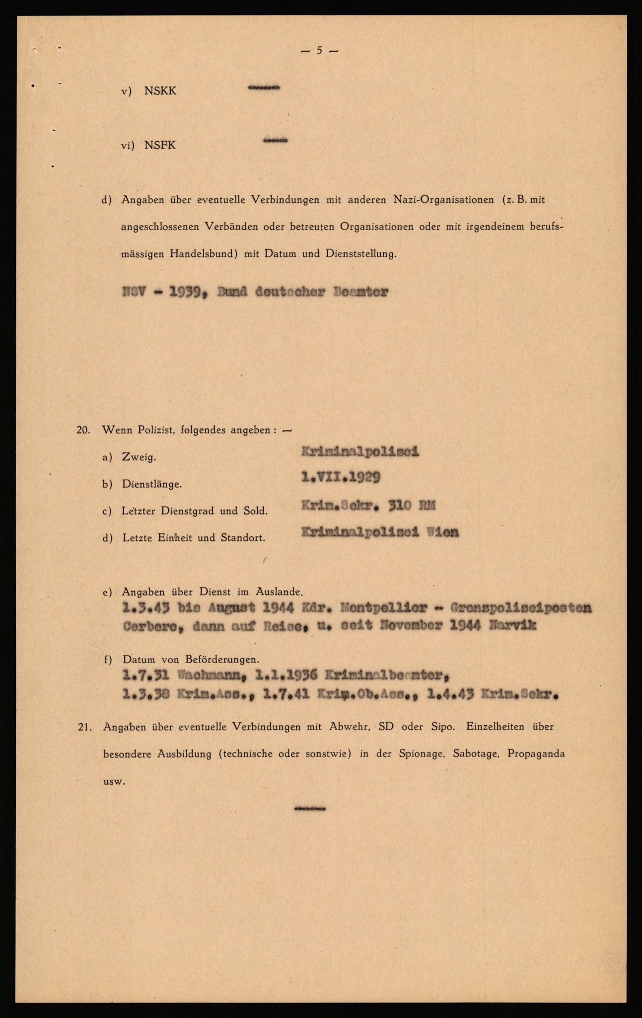 Forsvaret, Forsvarets overkommando II, AV/RA-RAFA-3915/D/Db/L0040: CI Questionaires. Tyske okkupasjonsstyrker i Norge. Østerrikere., 1945-1946, p. 32