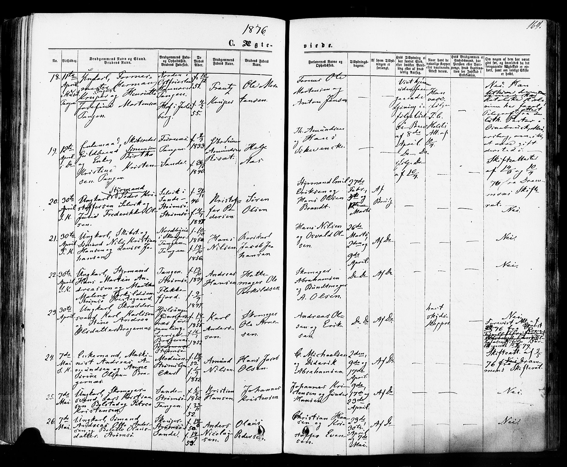 Strømsø kirkebøker, AV/SAKO-A-246/F/Fa/L0018: Parish register (official) no. I 18, 1865-1878, p. 164