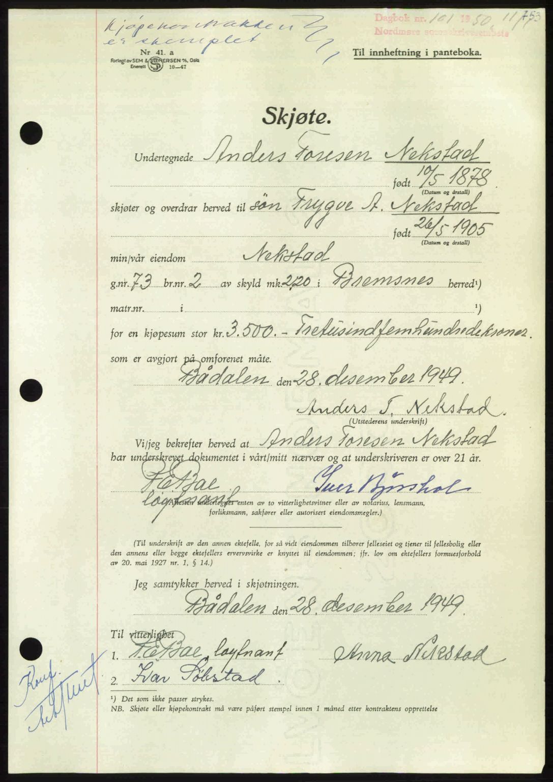 Nordmøre sorenskriveri, AV/SAT-A-4132/1/2/2Ca: Mortgage book no. A113, 1949-1950, Diary no: : 101/1950