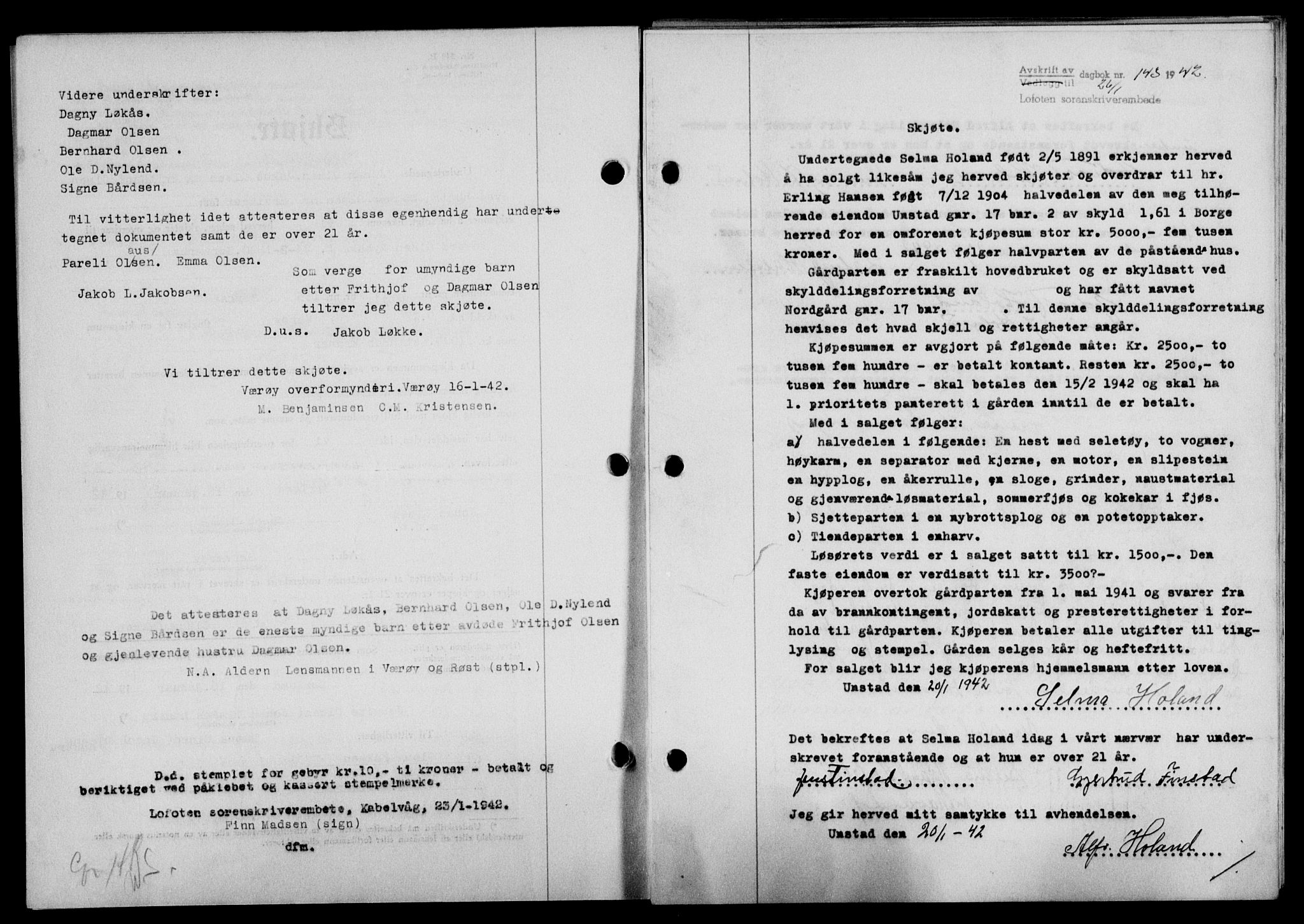 Lofoten sorenskriveri, SAT/A-0017/1/2/2C/L0009a: Mortgage book no. 9a, 1941-1942, Diary no: : 143/1942