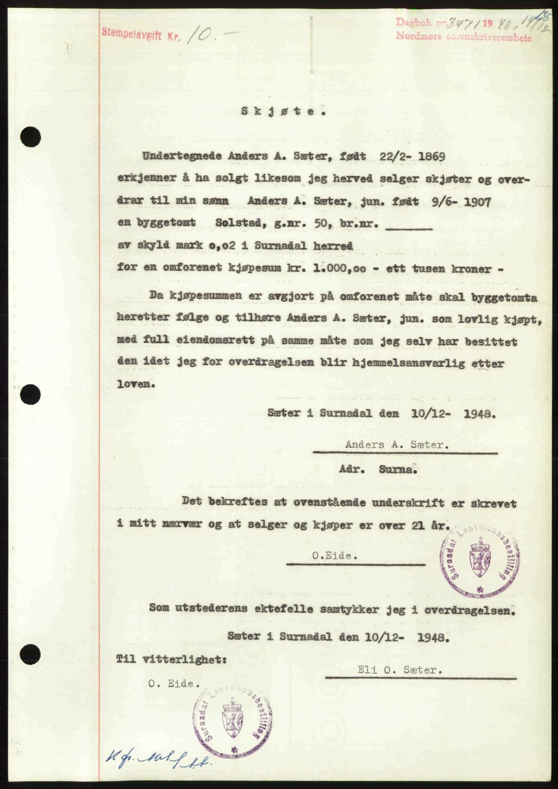 Nordmøre sorenskriveri, AV/SAT-A-4132/1/2/2Ca: Mortgage book no. A110, 1948-1949, Diary no: : 3471/1948