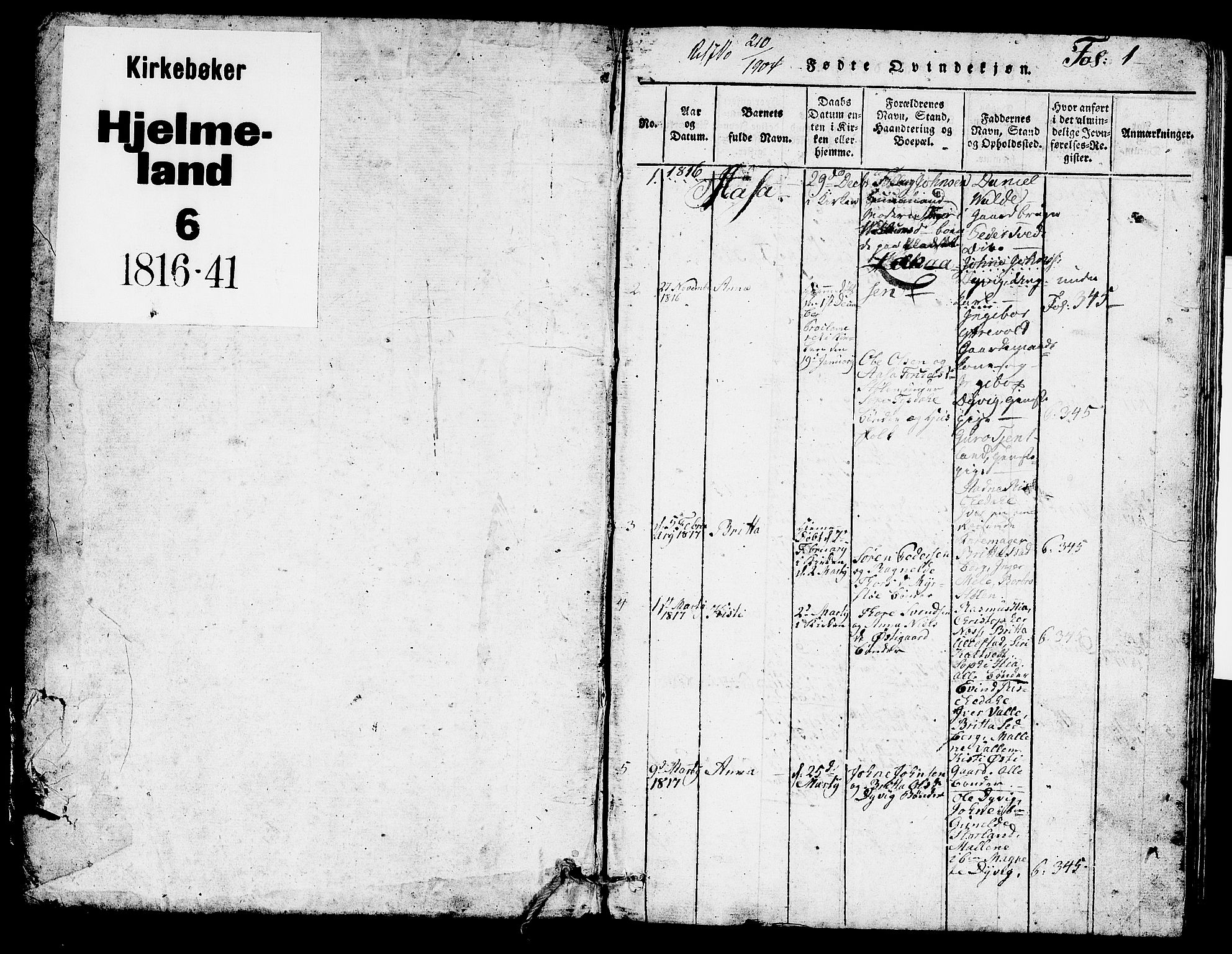 Hjelmeland sokneprestkontor, SAST/A-101843/01/V/L0002: Parish register (copy) no. B 2, 1816-1841, p. 1
