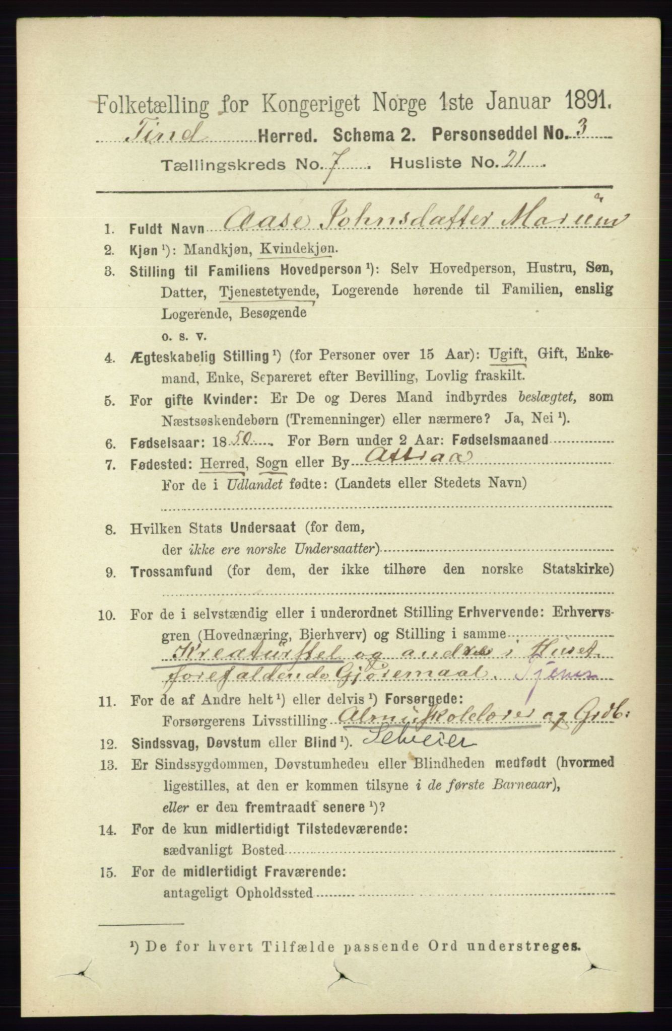 RA, 1891 census for 0826 Tinn, 1891, p. 1536