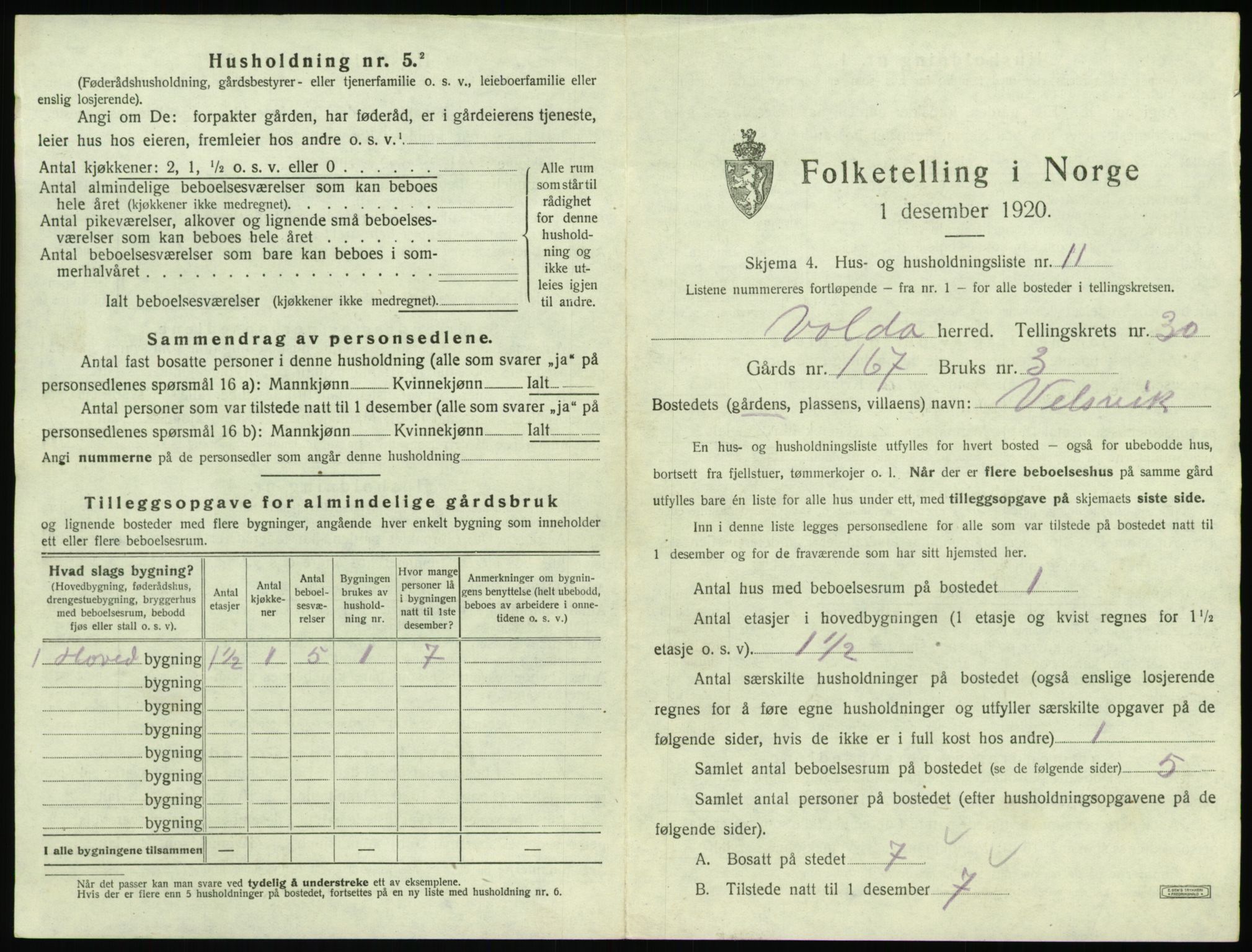 SAT, 1920 census for Volda, 1920, p. 1870