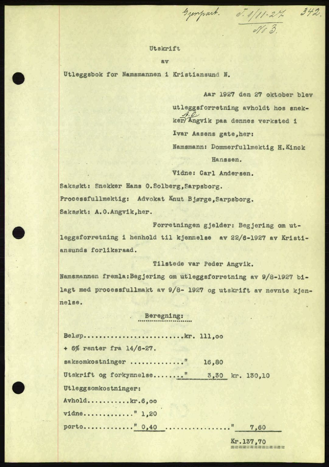 Kristiansund byfogd, AV/SAT-A-4587/A/27: Mortgage book no. 21, 1926-1928, Deed date: 01.11.1927