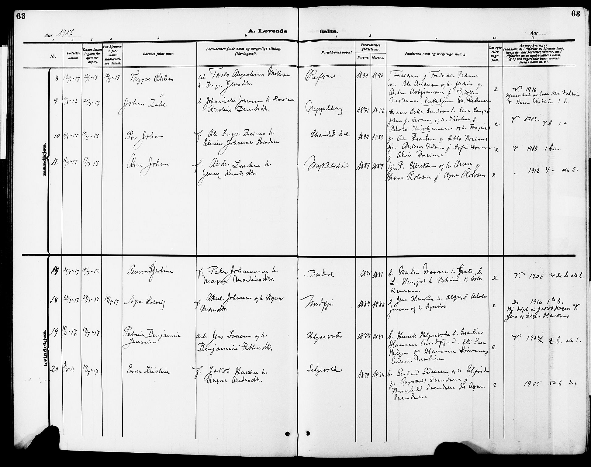 Ministerialprotokoller, klokkerbøker og fødselsregistre - Nordland, AV/SAT-A-1459/838/L0560: Parish register (copy) no. 838C07, 1910-1928, p. 63