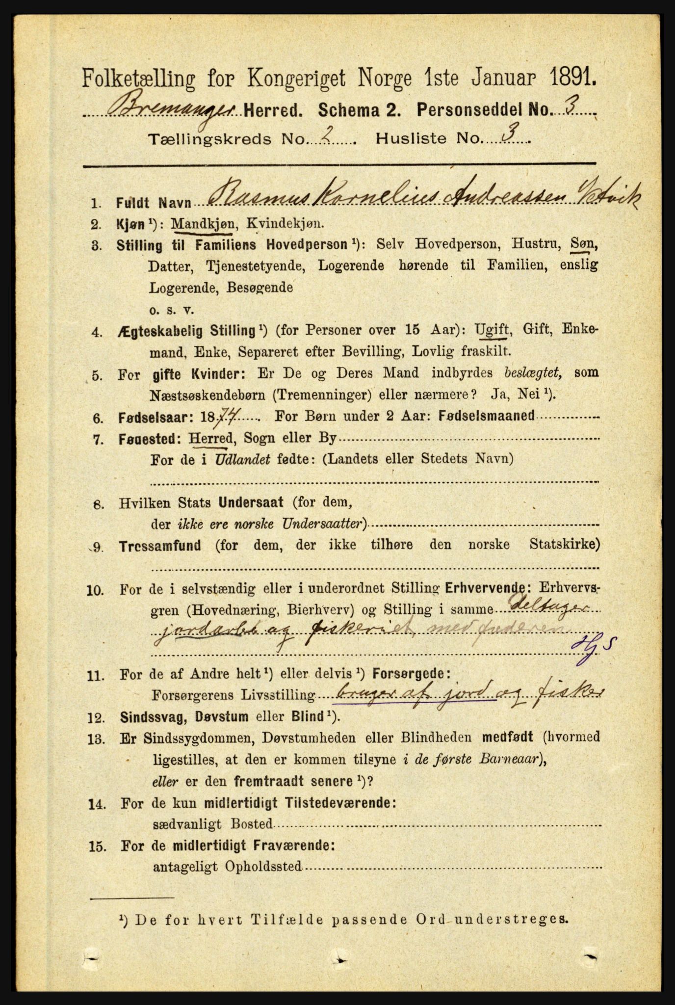 RA, 1891 census for 1438 Bremanger, 1891, p. 664