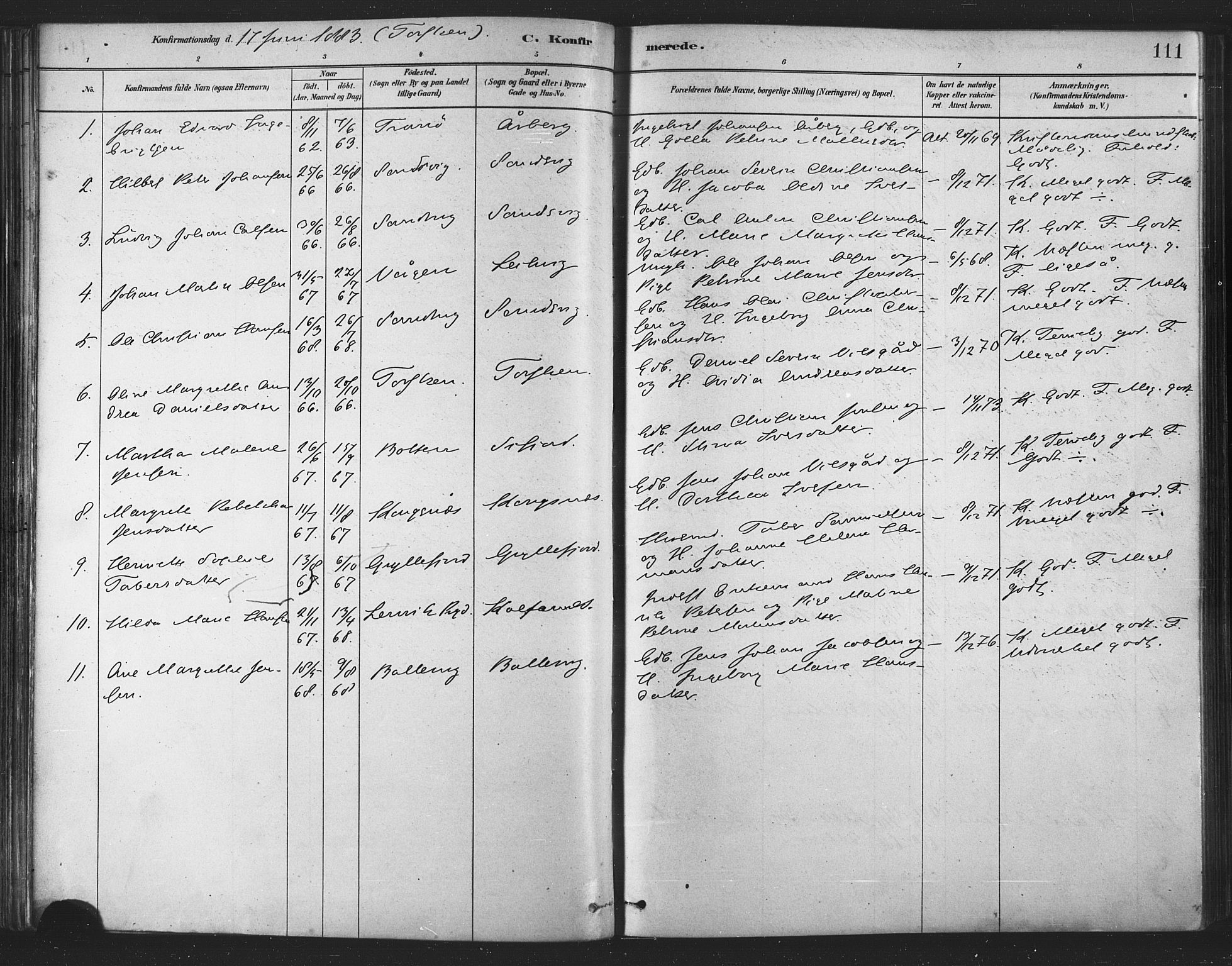 Berg sokneprestkontor, SATØ/S-1318/G/Ga/Gaa/L0004kirke: Parish register (official) no. 4, 1880-1894, p. 111