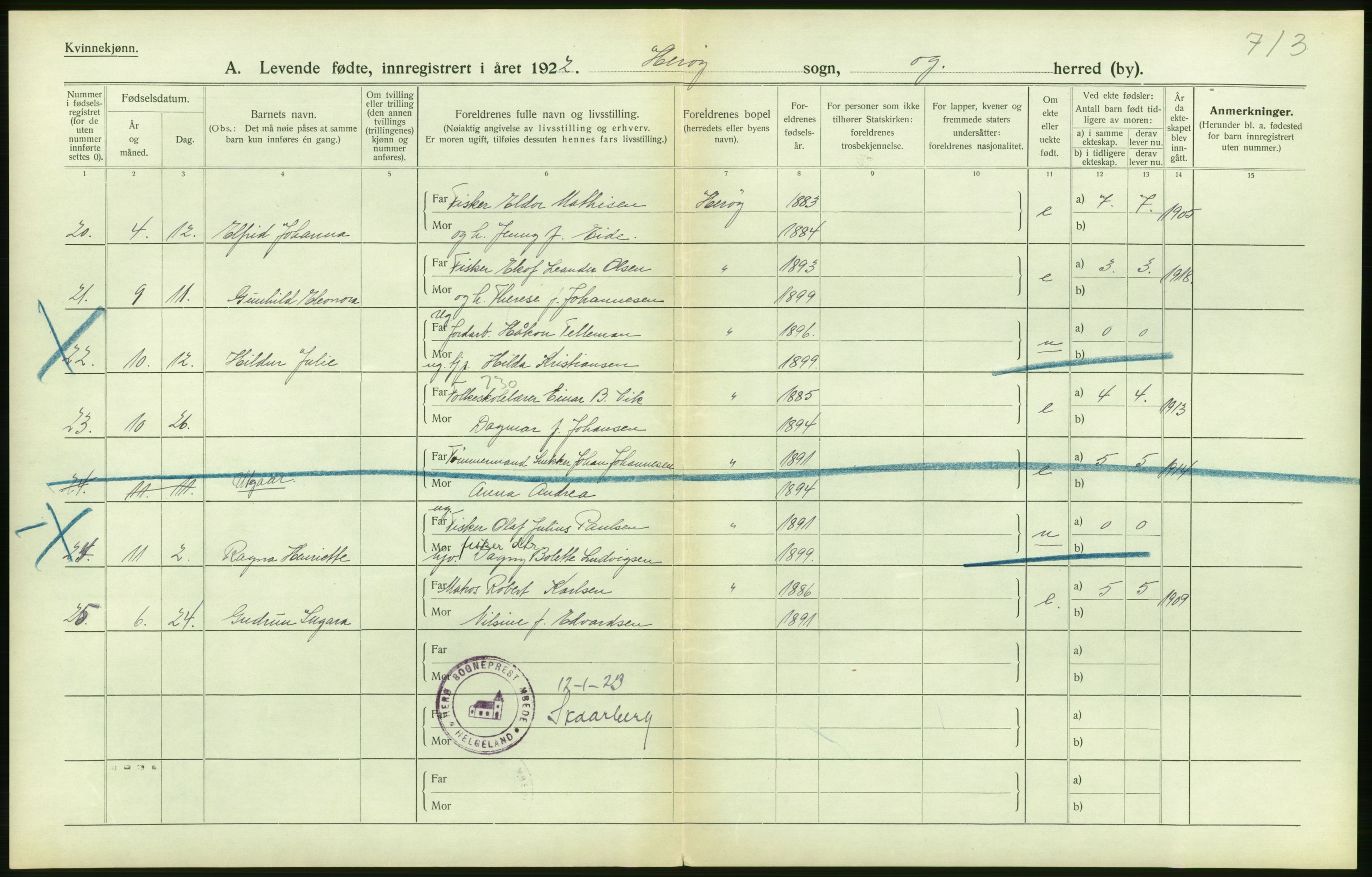 Statistisk sentralbyrå, Sosiodemografiske emner, Befolkning, AV/RA-S-2228/D/Df/Dfc/Dfcb/L0044: Nordland fylke: Levendefødte menn og kvinner. Bygder og byer., 1922, p. 190