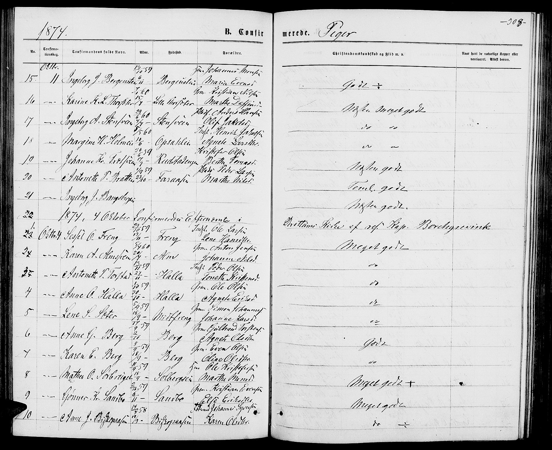 Ringsaker prestekontor, AV/SAH-PREST-014/L/La/L0008: Parish register (copy) no. 8, 1870-1878, p. 308