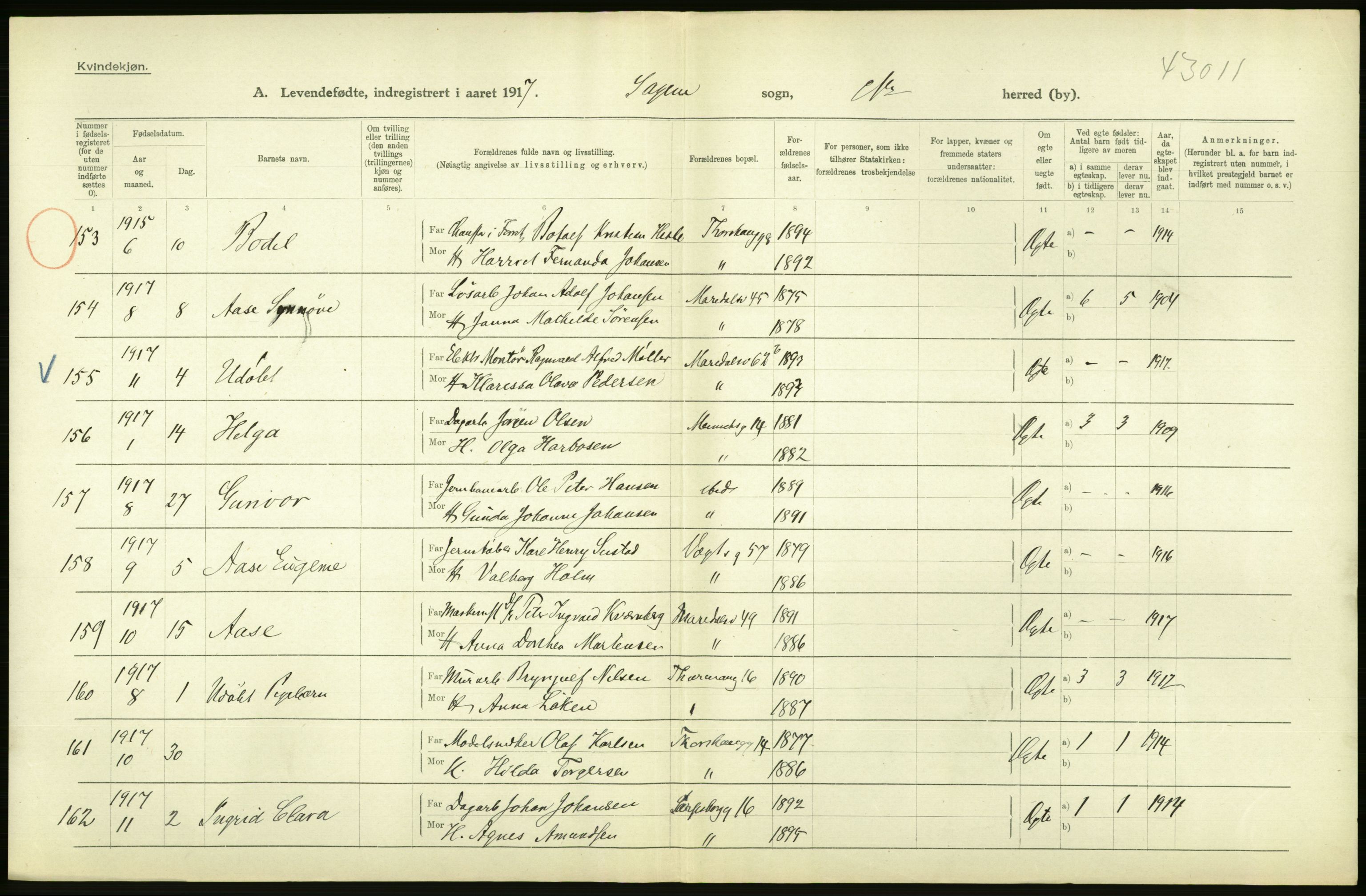 Statistisk sentralbyrå, Sosiodemografiske emner, Befolkning, AV/RA-S-2228/D/Df/Dfb/Dfbg/L0007: Kristiania: Levendefødte menn og kvinner., 1917, p. 172