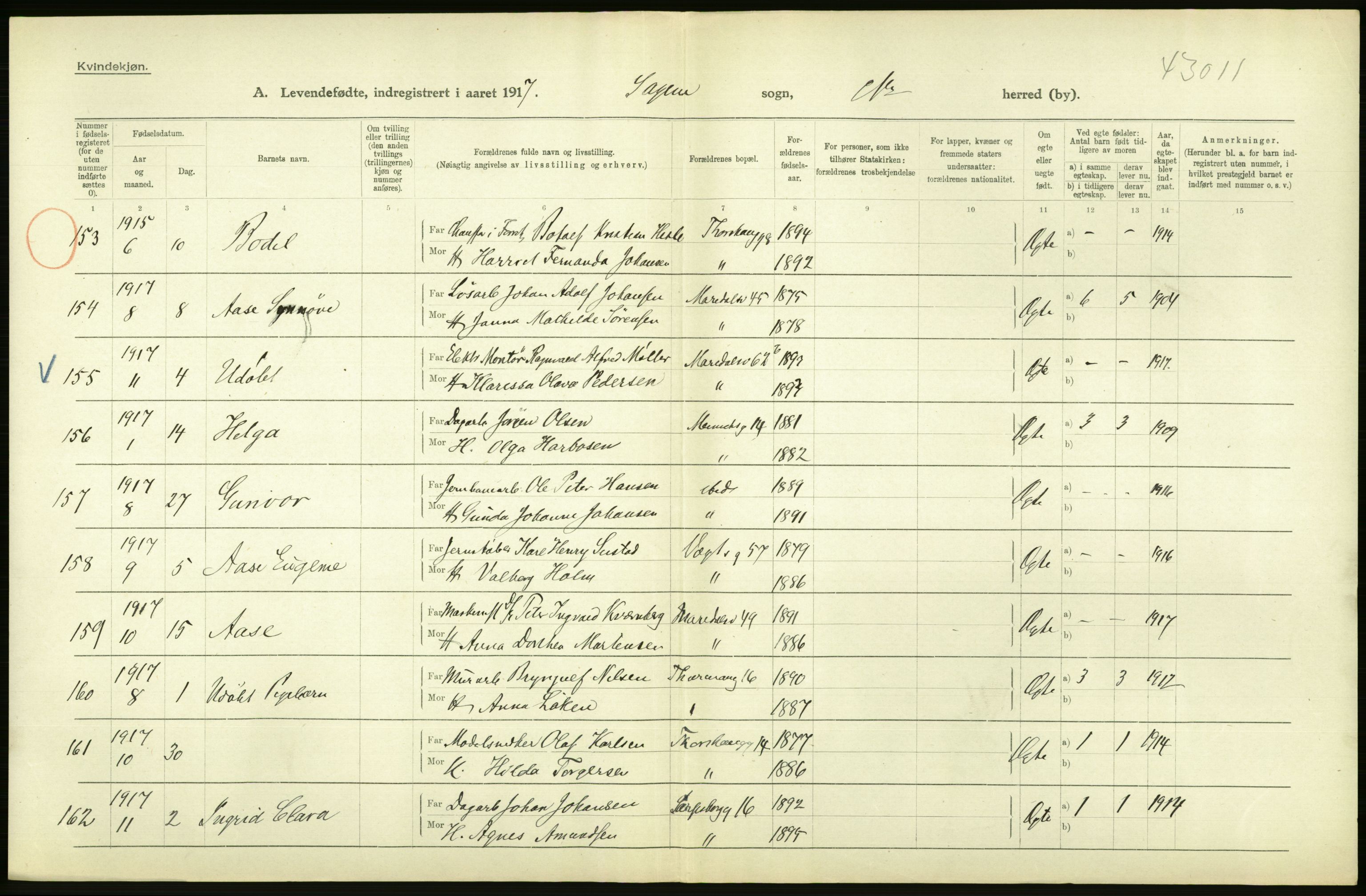 Statistisk sentralbyrå, Sosiodemografiske emner, Befolkning, AV/RA-S-2228/D/Df/Dfb/Dfbg/L0007: Kristiania: Levendefødte menn og kvinner., 1917, p. 172