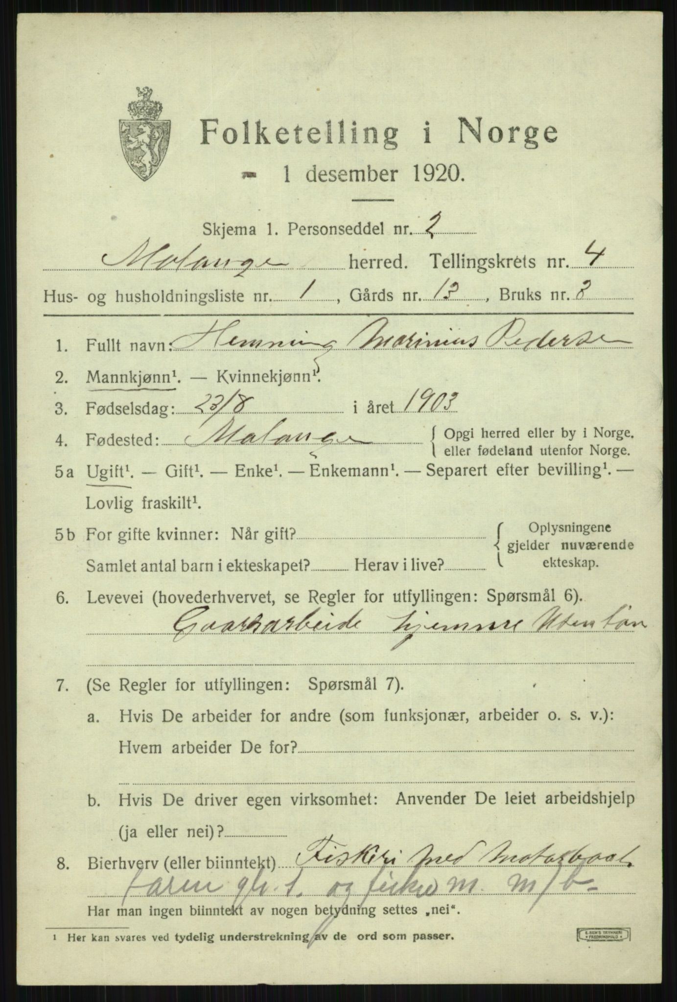 SATØ, 1920 census for Malangen, 1920, p. 1587