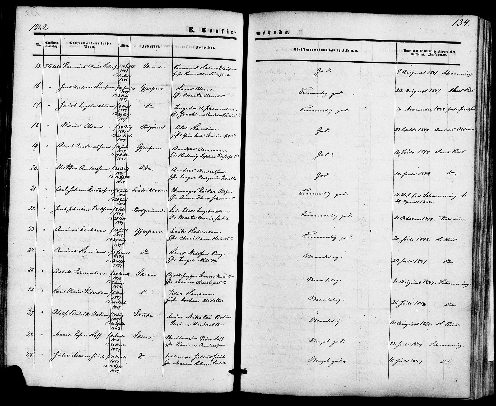 Skien kirkebøker, AV/SAKO-A-302/F/Fa/L0007: Parish register (official) no. 7, 1856-1865, p. 134