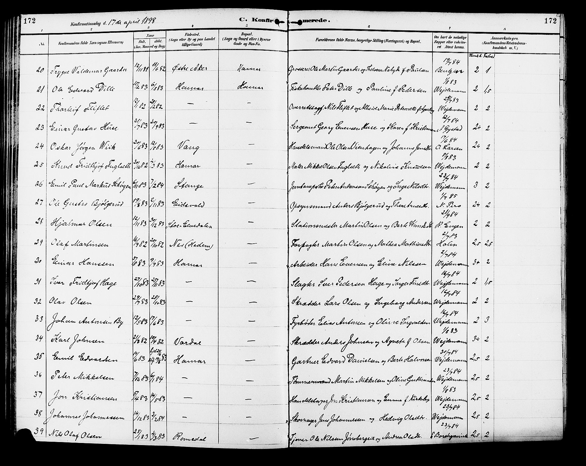 Vang prestekontor, Hedmark, SAH/PREST-008/H/Ha/Hab/L0013: Parish register (copy) no. 13, 1890-1899, p. 172