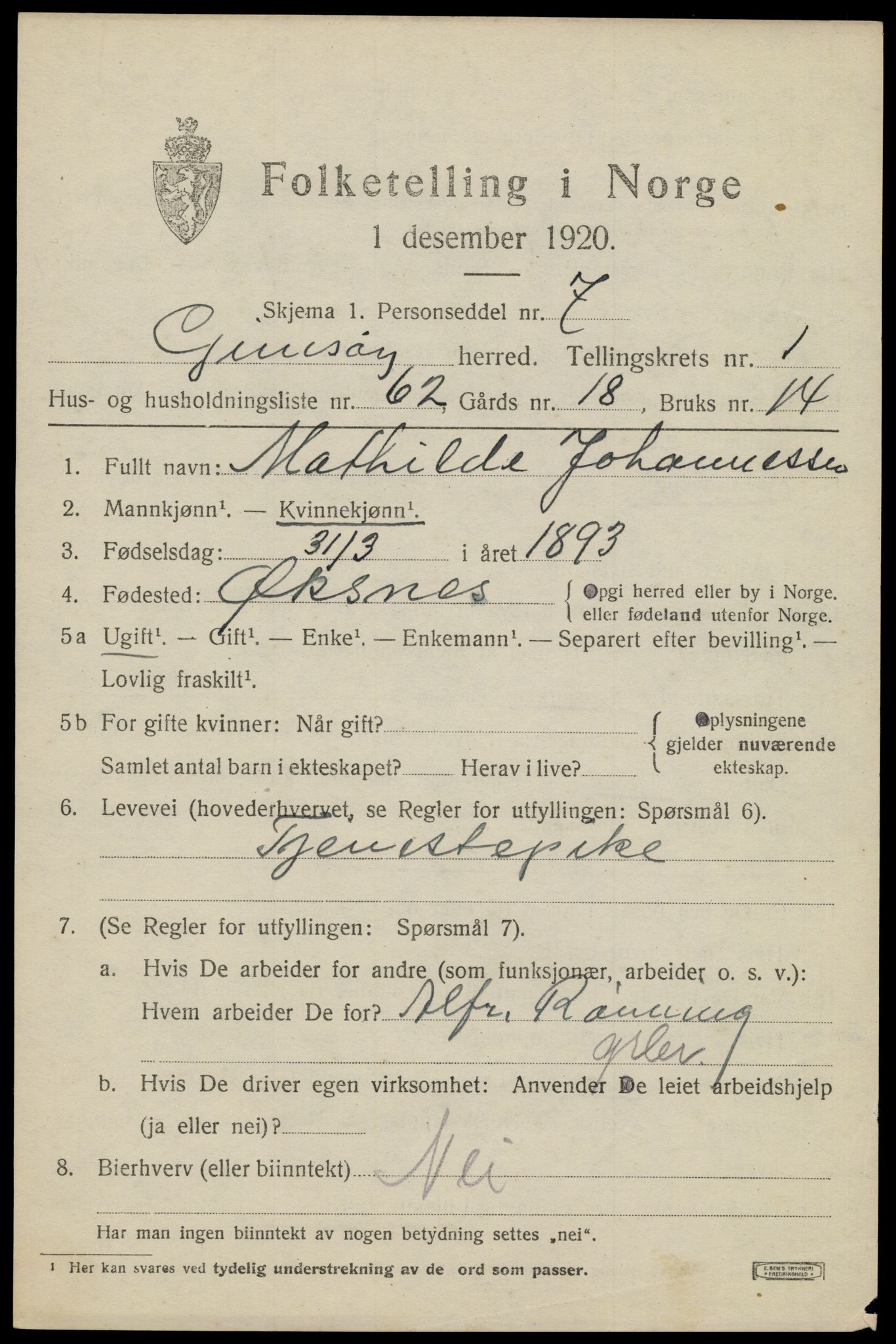 SAT, 1920 census for Gimsøy, 1920, p. 1287