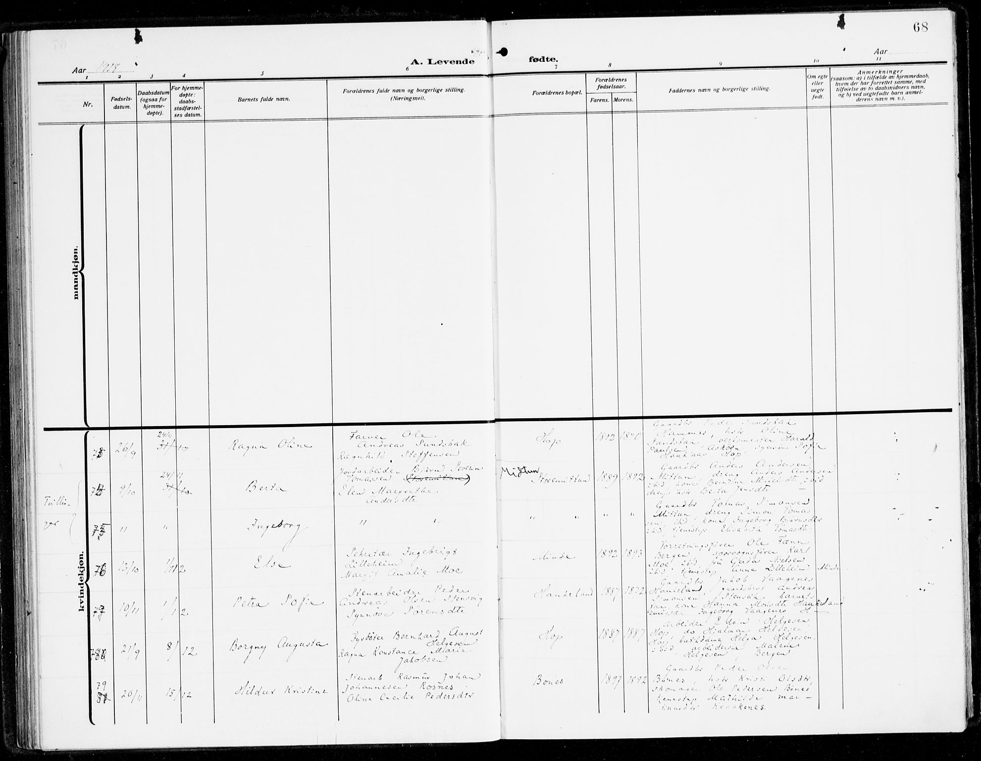 Fana Sokneprestembete, AV/SAB-A-75101/H/Haa/Haai/L0004: Parish register (official) no. I 4, 1912-1933, p. 68