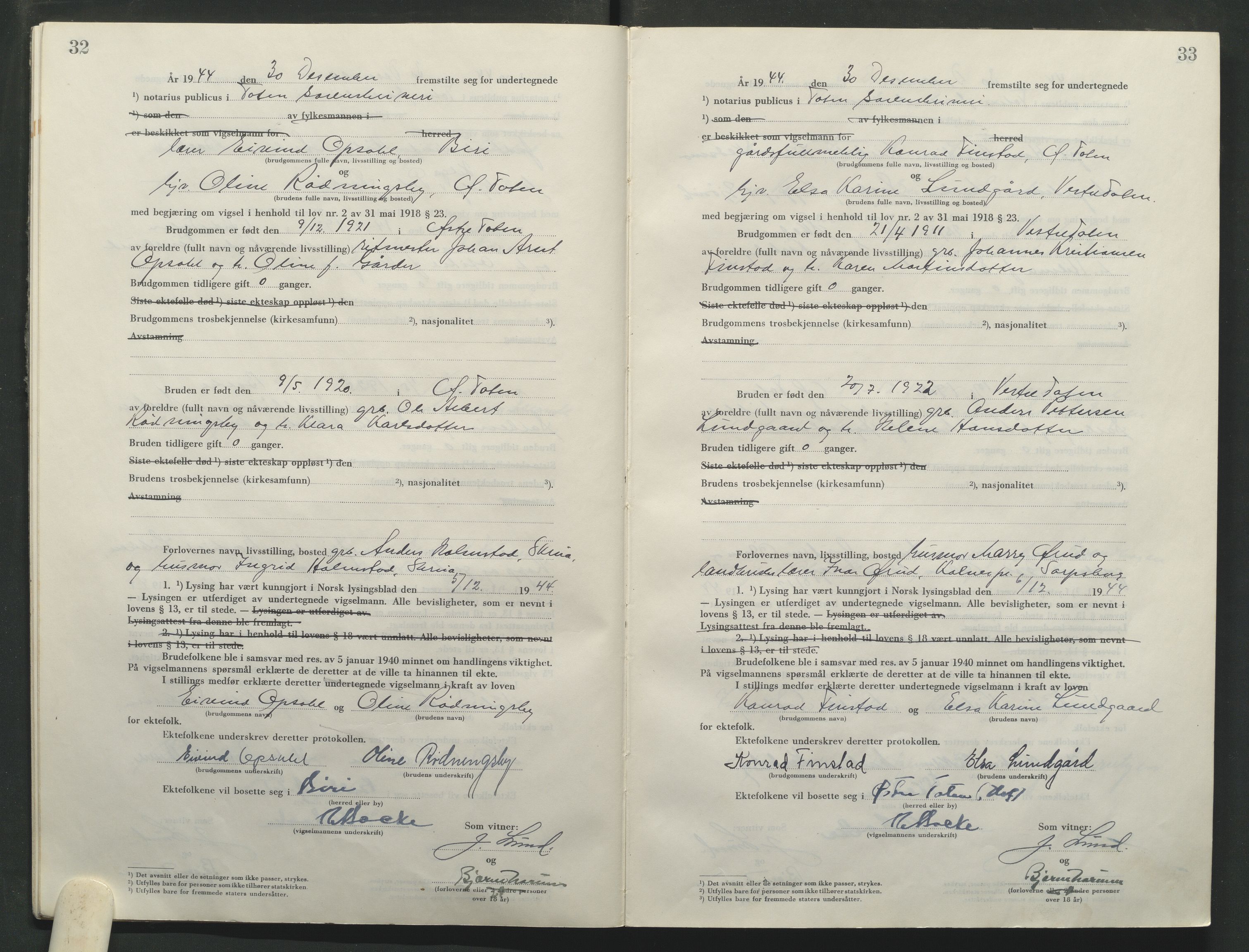 Toten tingrett, AV/SAH-TING-006/L/Lc/L0005: Vigselbok, 1944-1948, p. 32-33