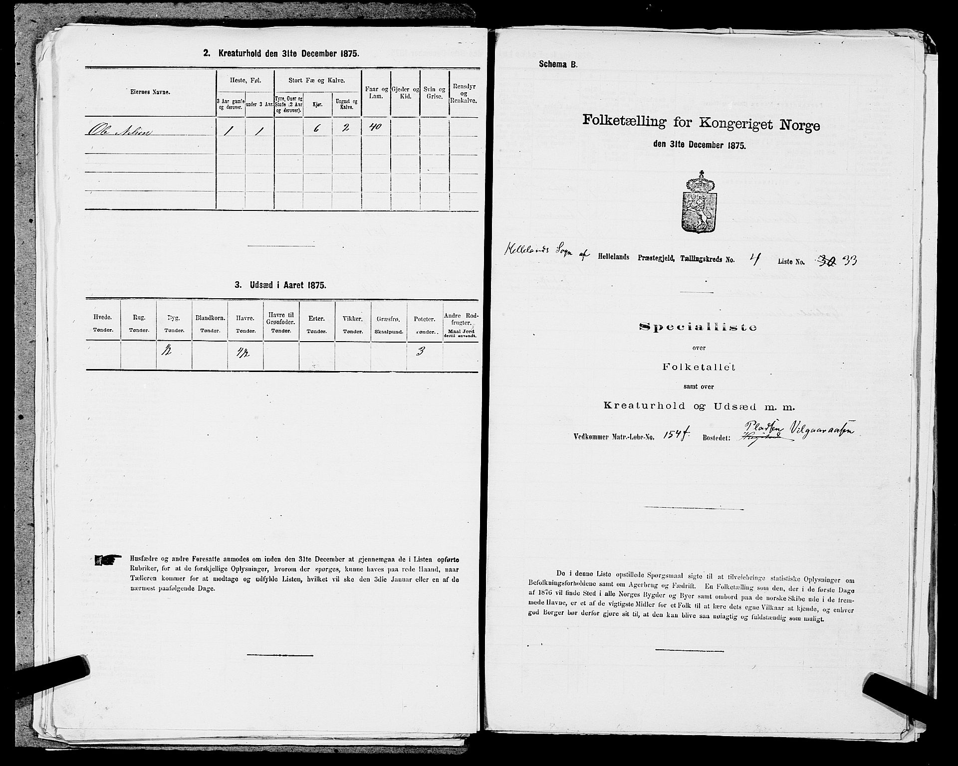 SAST, 1875 census for 1115P Helleland, 1875, p. 410