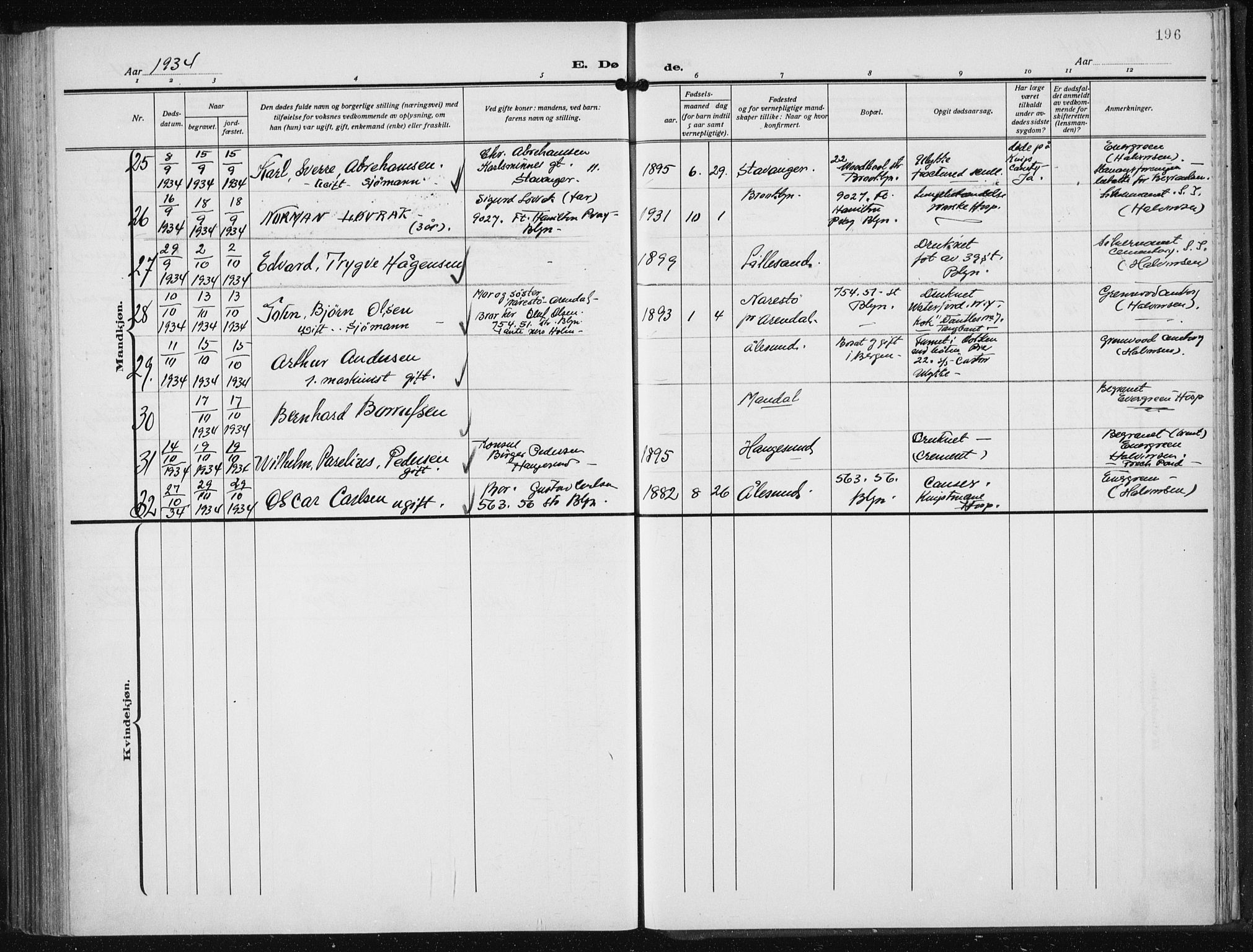 Den norske sjømannsmisjon i utlandet/New York, AV/SAB-SAB/PA-0110/H/Ha/L0008: Parish register (official) no. A 8, 1923-1935, p. 196