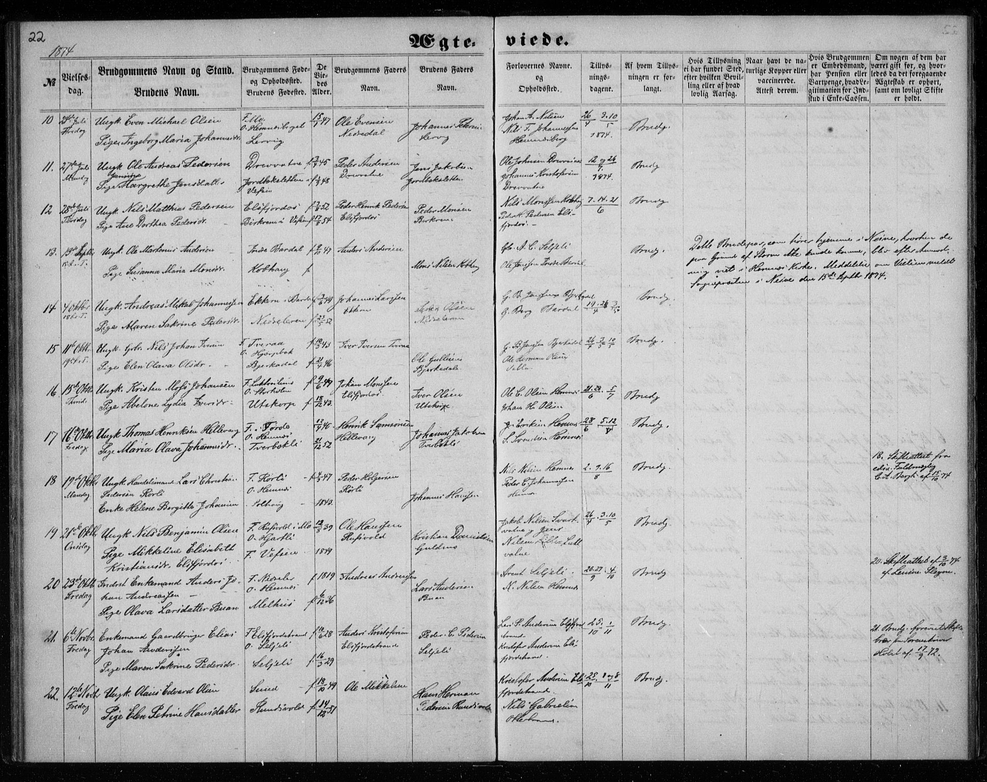 Ministerialprotokoller, klokkerbøker og fødselsregistre - Nordland, AV/SAT-A-1459/825/L0358: Parish register (official) no. 825A12, 1863-1878, p. 22