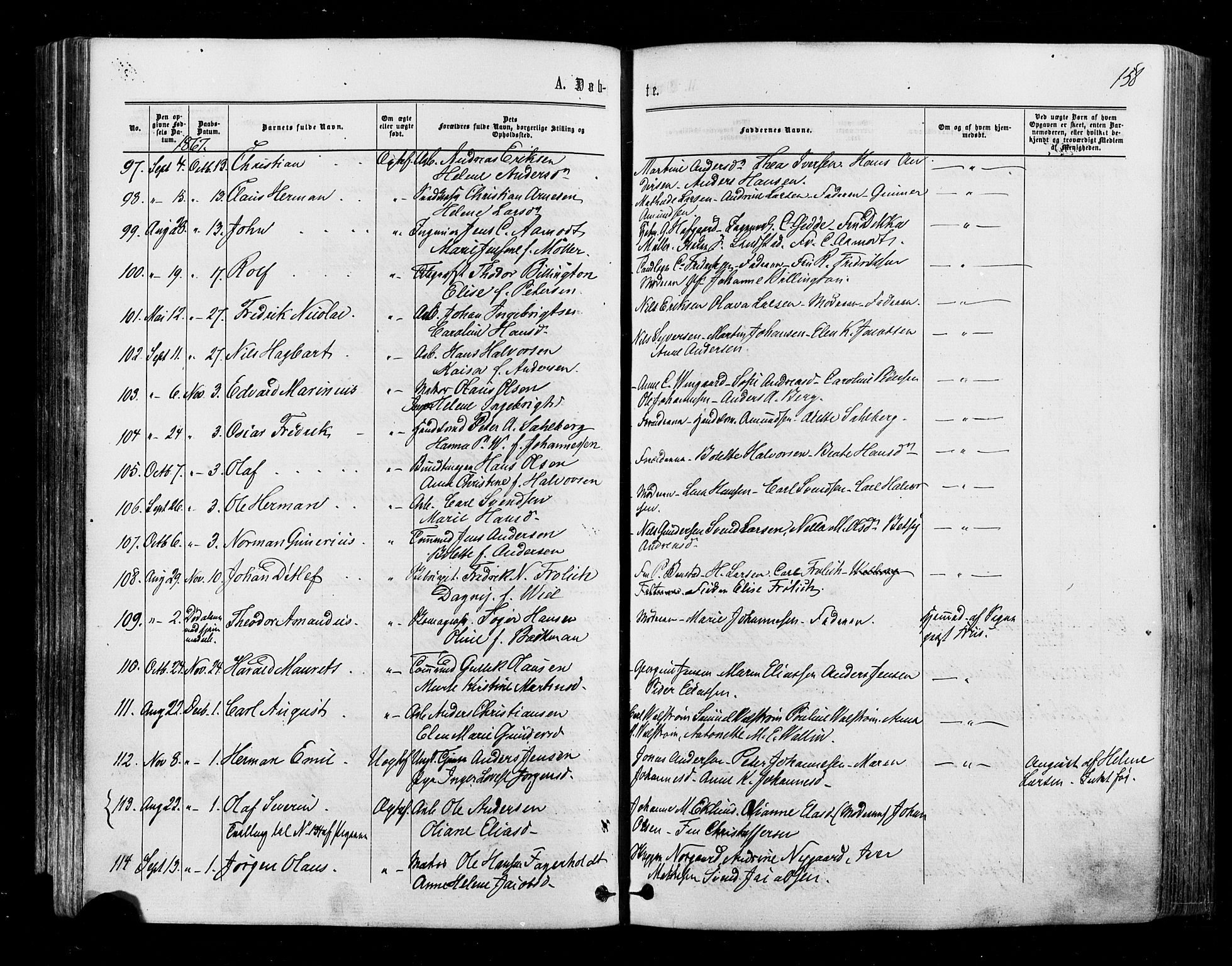 Halden prestekontor Kirkebøker, SAO/A-10909/F/Fa/L0009: Parish register (official) no. I 9, 1866-1877, p. 158