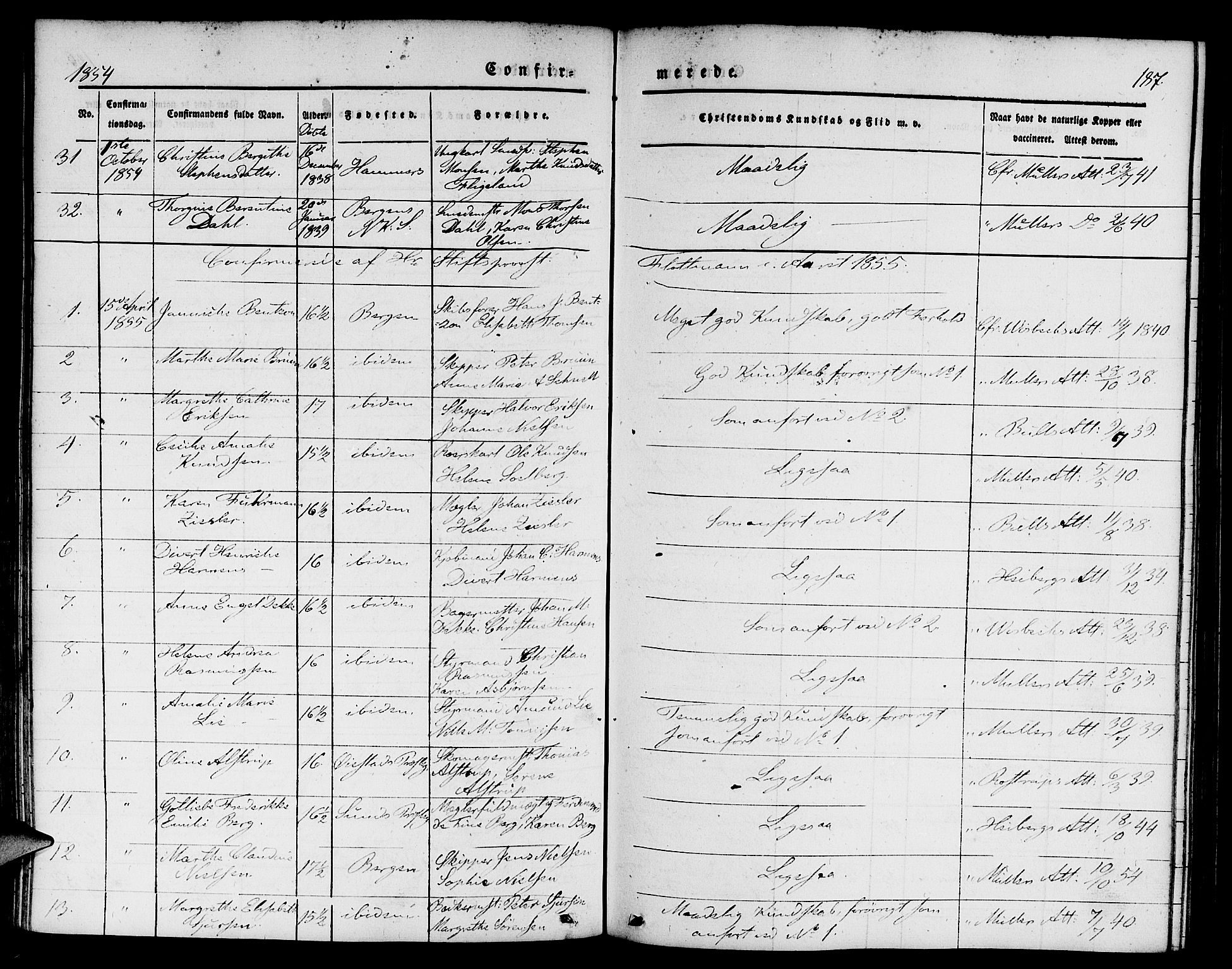 Nykirken Sokneprestembete, SAB/A-77101/H/Hab: Parish register (copy) no. C 1, 1844-1871, p. 187
