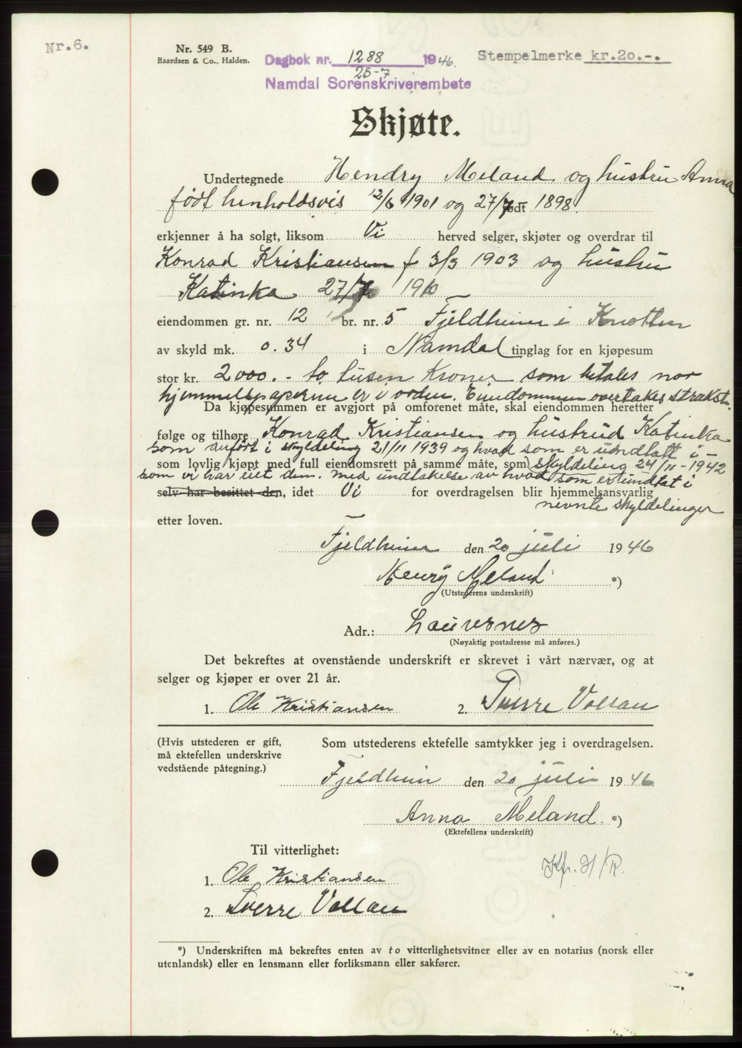 Namdal sorenskriveri, AV/SAT-A-4133/1/2/2C: Mortgage book no. -, 1946-1946, Diary no: : 1288/1946