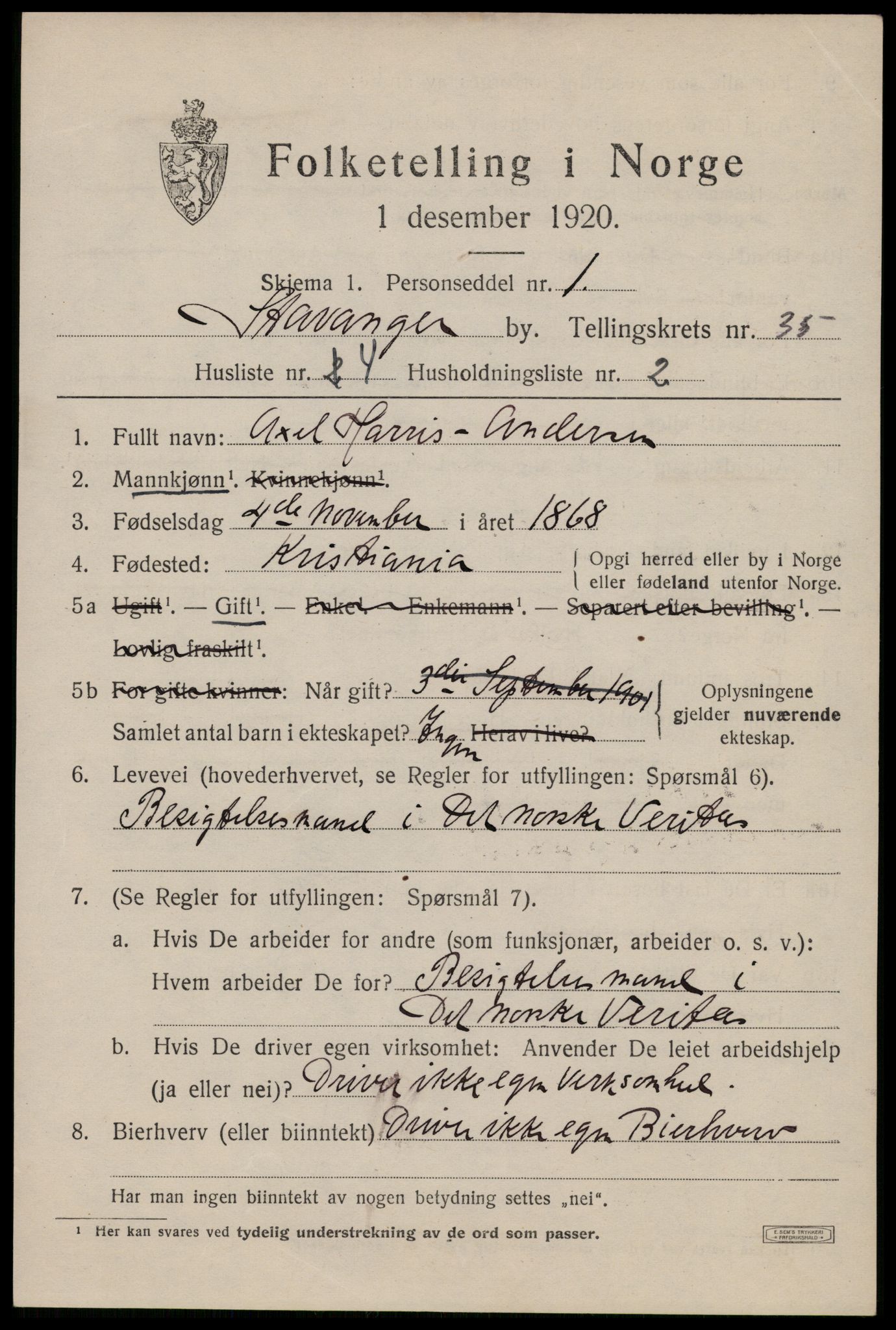 SAST, 1920 census for Stavanger, 1920, p. 93996